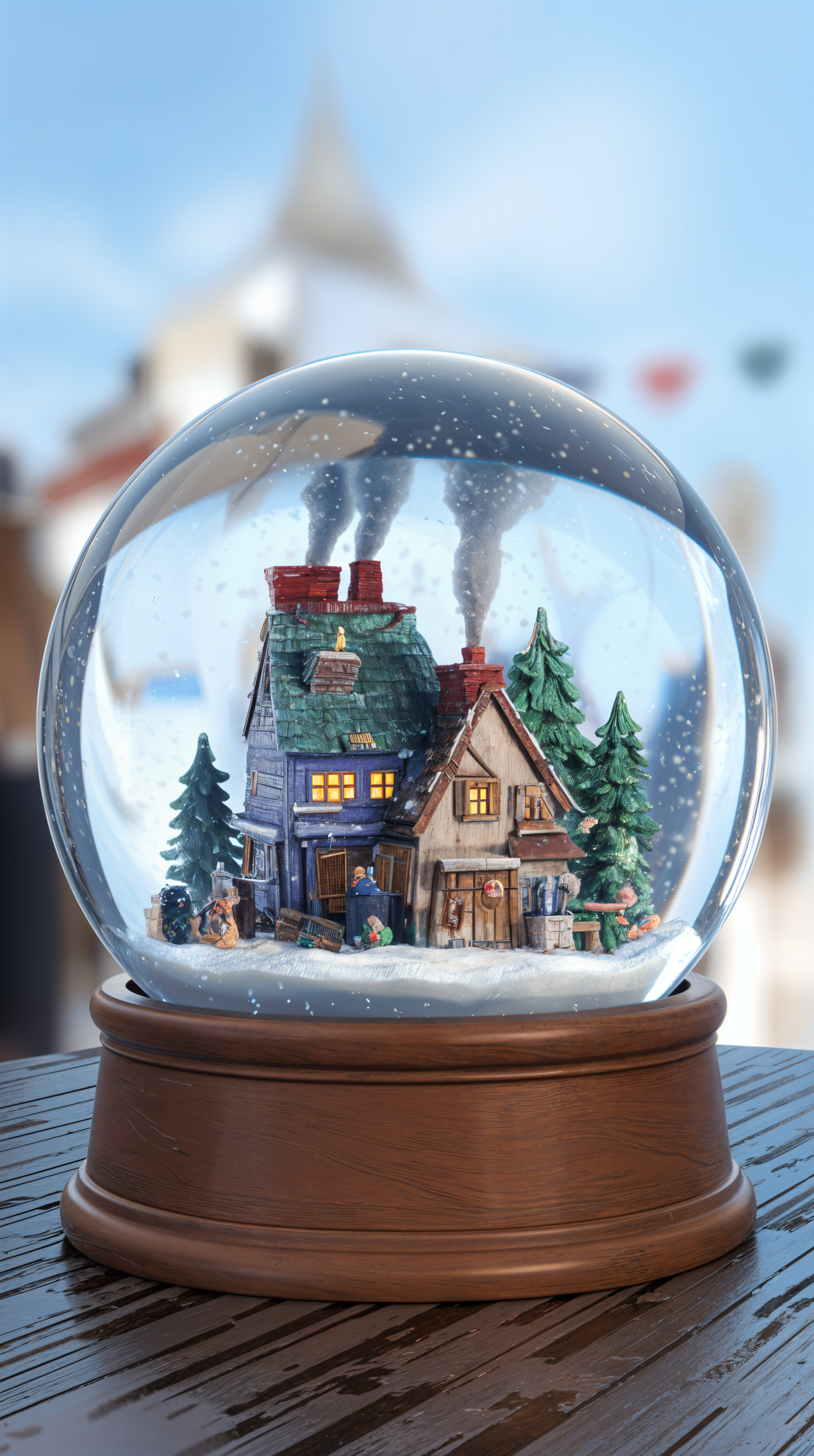 Winter scene inside a snow globe featuring miniature houses, pine trees, and holiday decor, captured as a phone wallpaper for iPhones and Android devices.