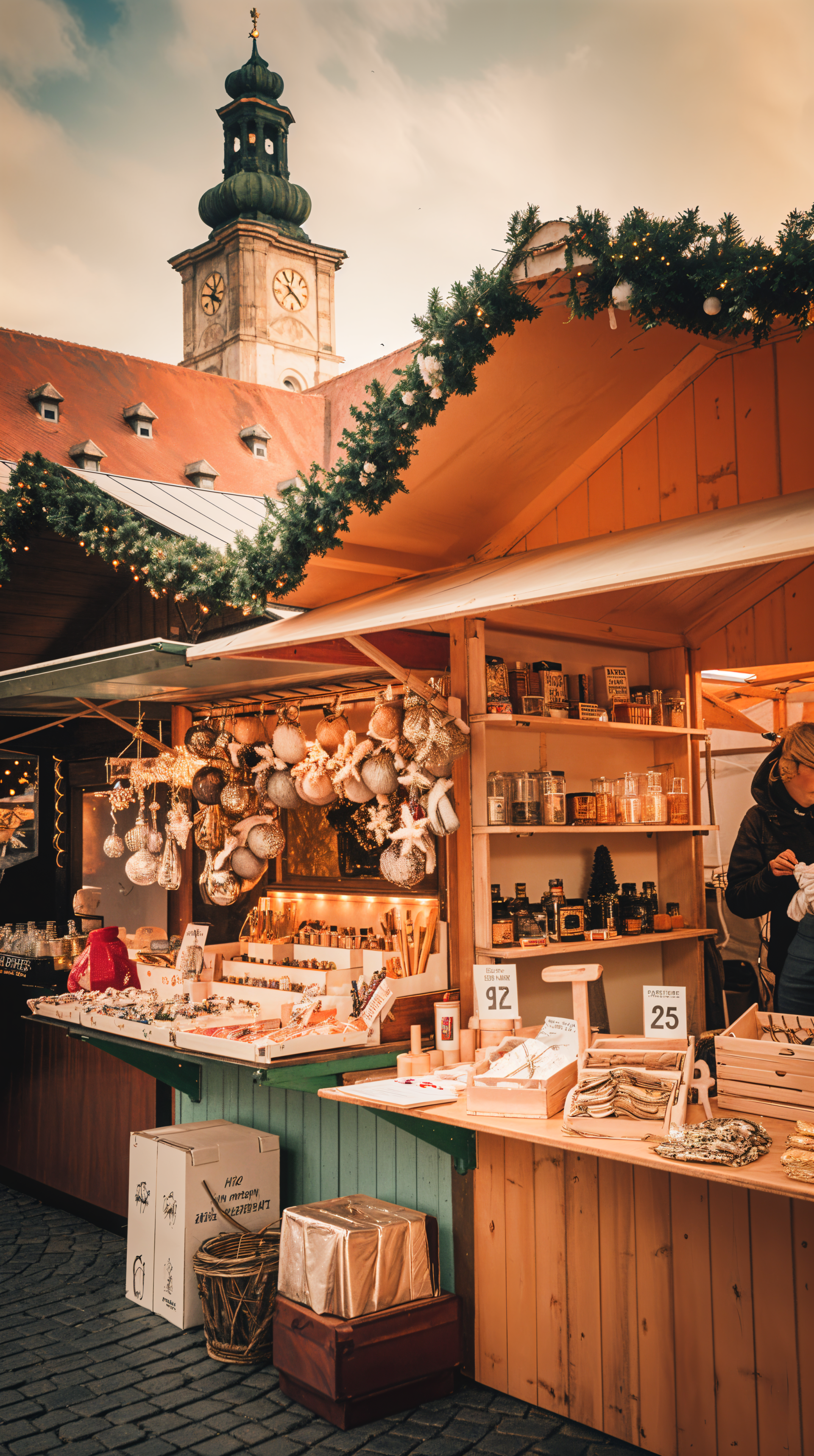 Christmas market wooden stalls adorned with holiday decorations and handcrafted goods, creating a festive atmosphere, captured as a vibrant phone wallpaper for iPhones and Android devices.