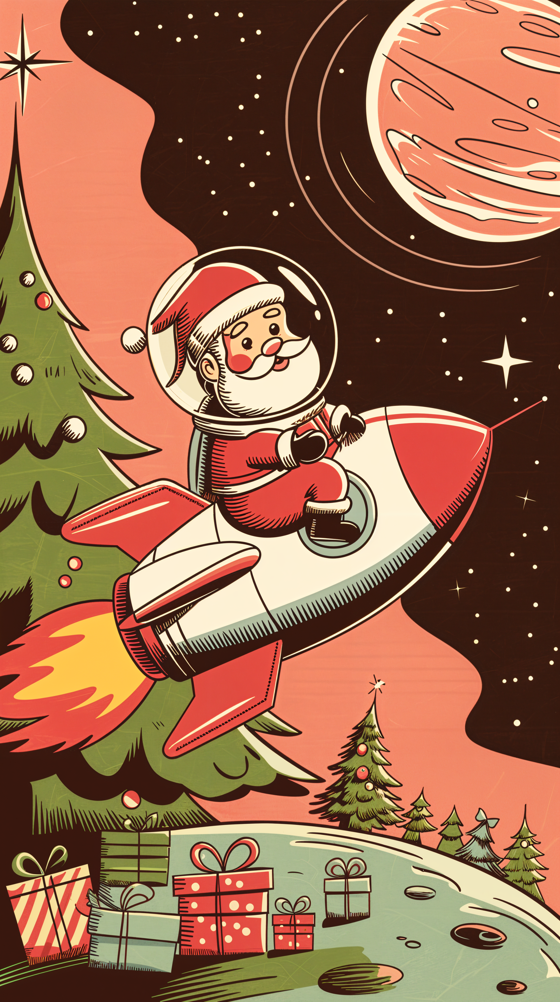 A whimsical wallpaper featuring Santa in a spacesuit joyfully riding a rocket, surrounded by Christmas trees and festive presents against a starry night sky.