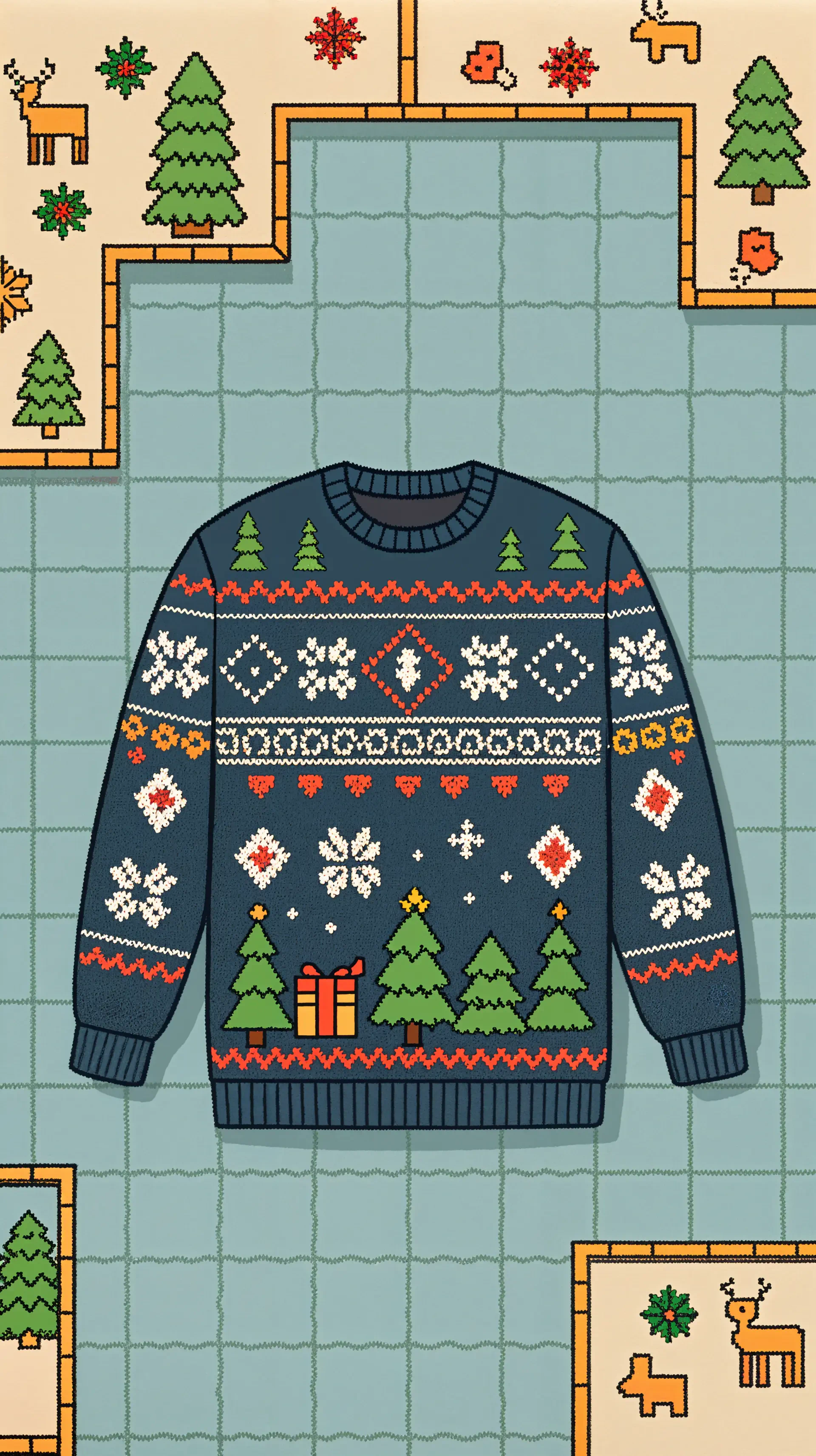 Phone wallpaper featuring a cozy Christmas sweater design with holiday patterns, snowflakes, trees, and gifts, blending festive elements for iPhone and Android screens.