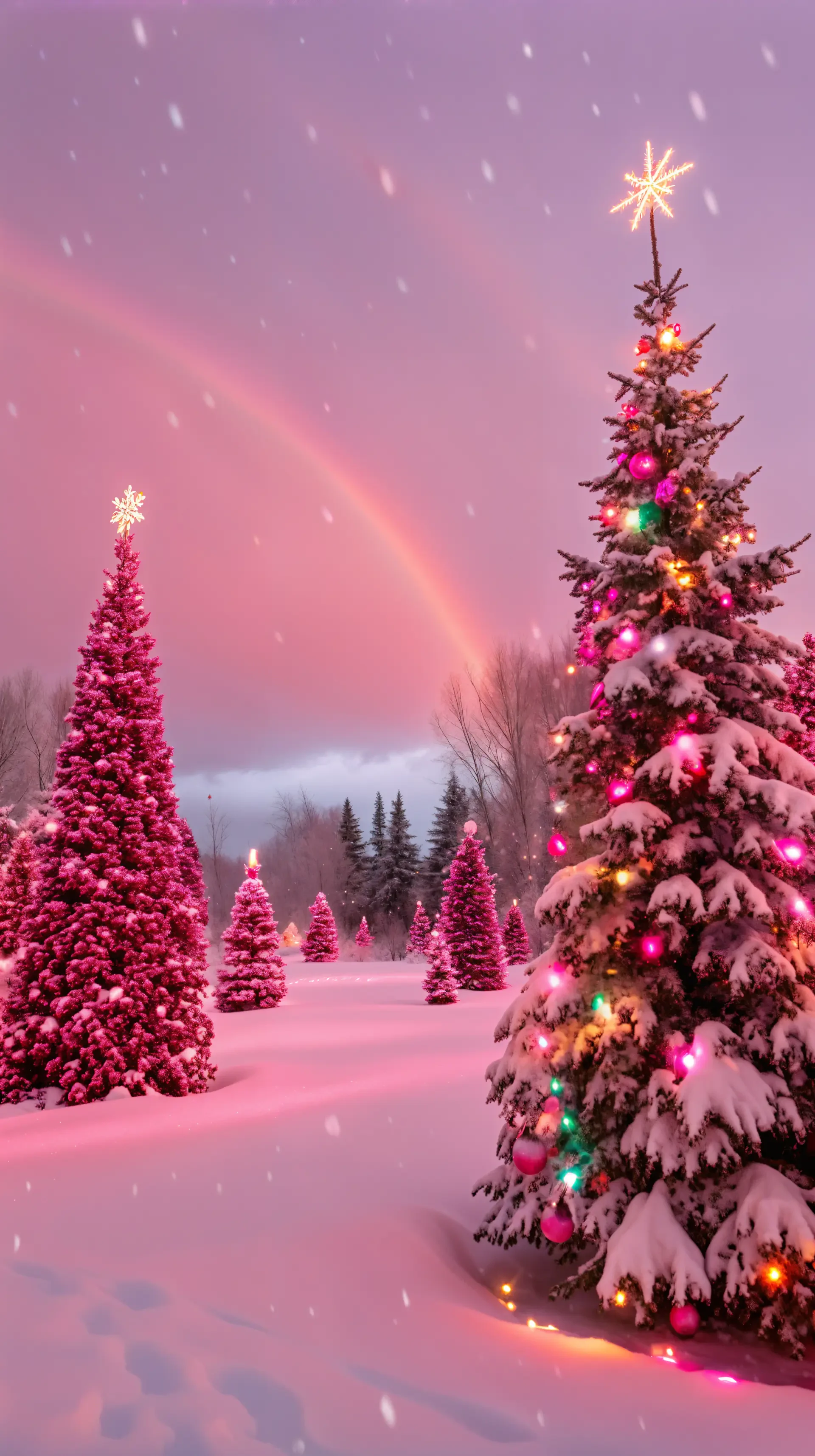 Winter scene phone wallpaper with snow-covered Christmas trees glowing in pink and colorful lights under a snowy sky with a faint rainbow.
