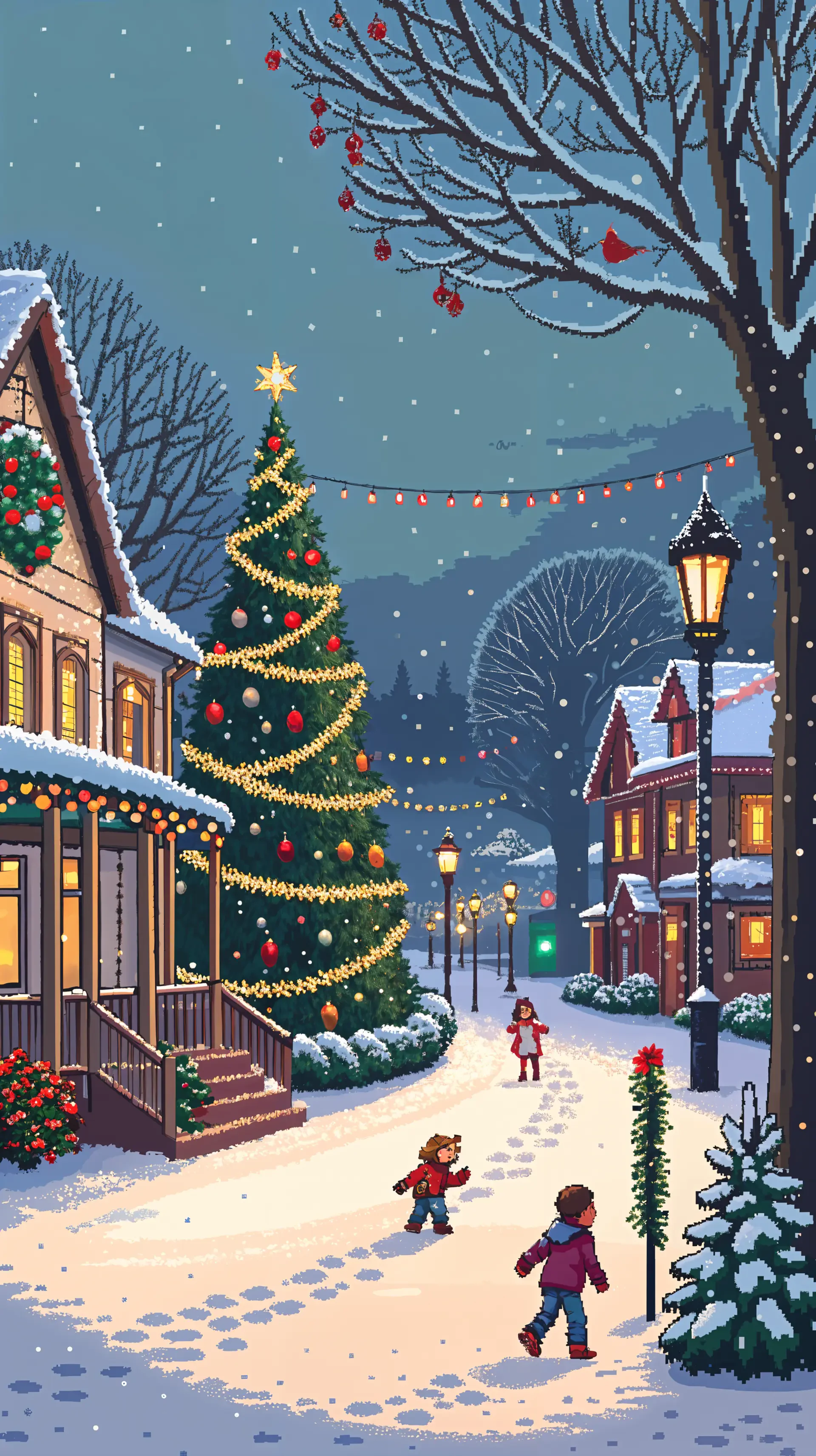 Snow-covered Christmas town scene with decorated tree, holiday lights, and children playing in winter. Phone wallpaper suited for iPhones and Android devices.
