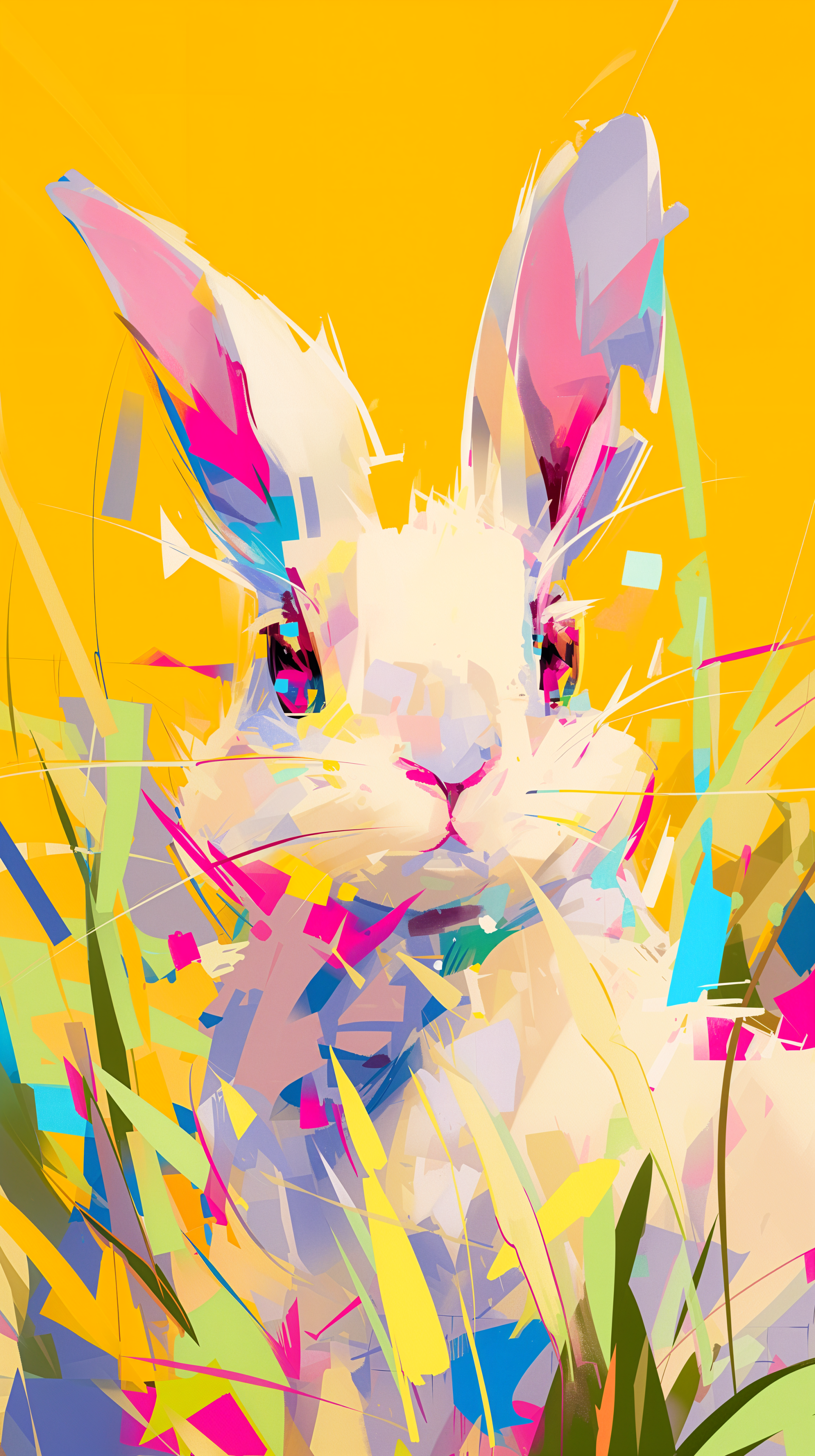 A vibrant, abstract depiction of an Easter bunny surrounded by colorful grass against a bright yellow background, making for an eye-catching phone wallpaper.