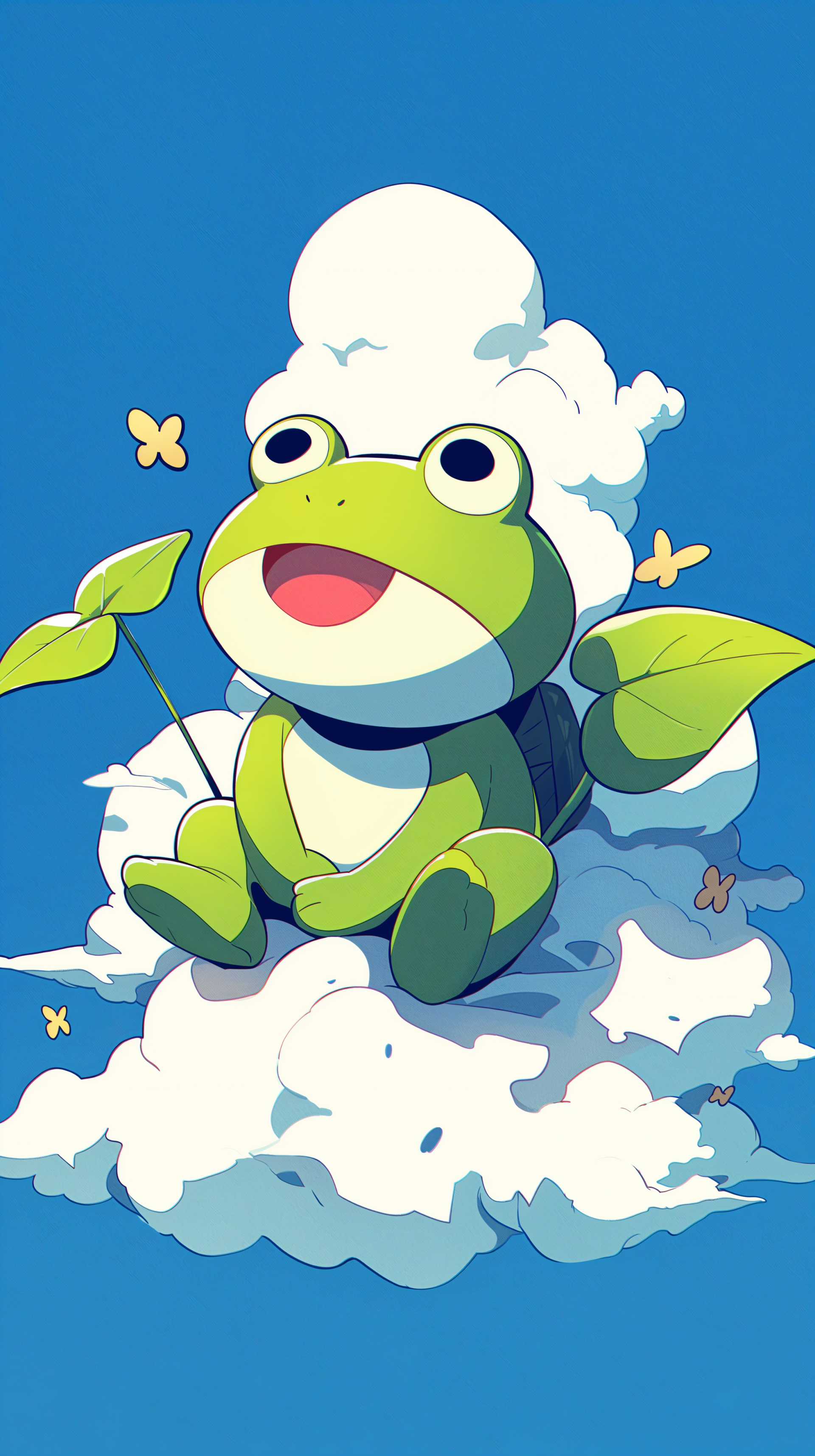 A cheerful green frog character, Keroppi from Sanrio, sits on fluffy clouds, surrounded by butterflies, against a bright blue background, making an engaging phone wallpaper.