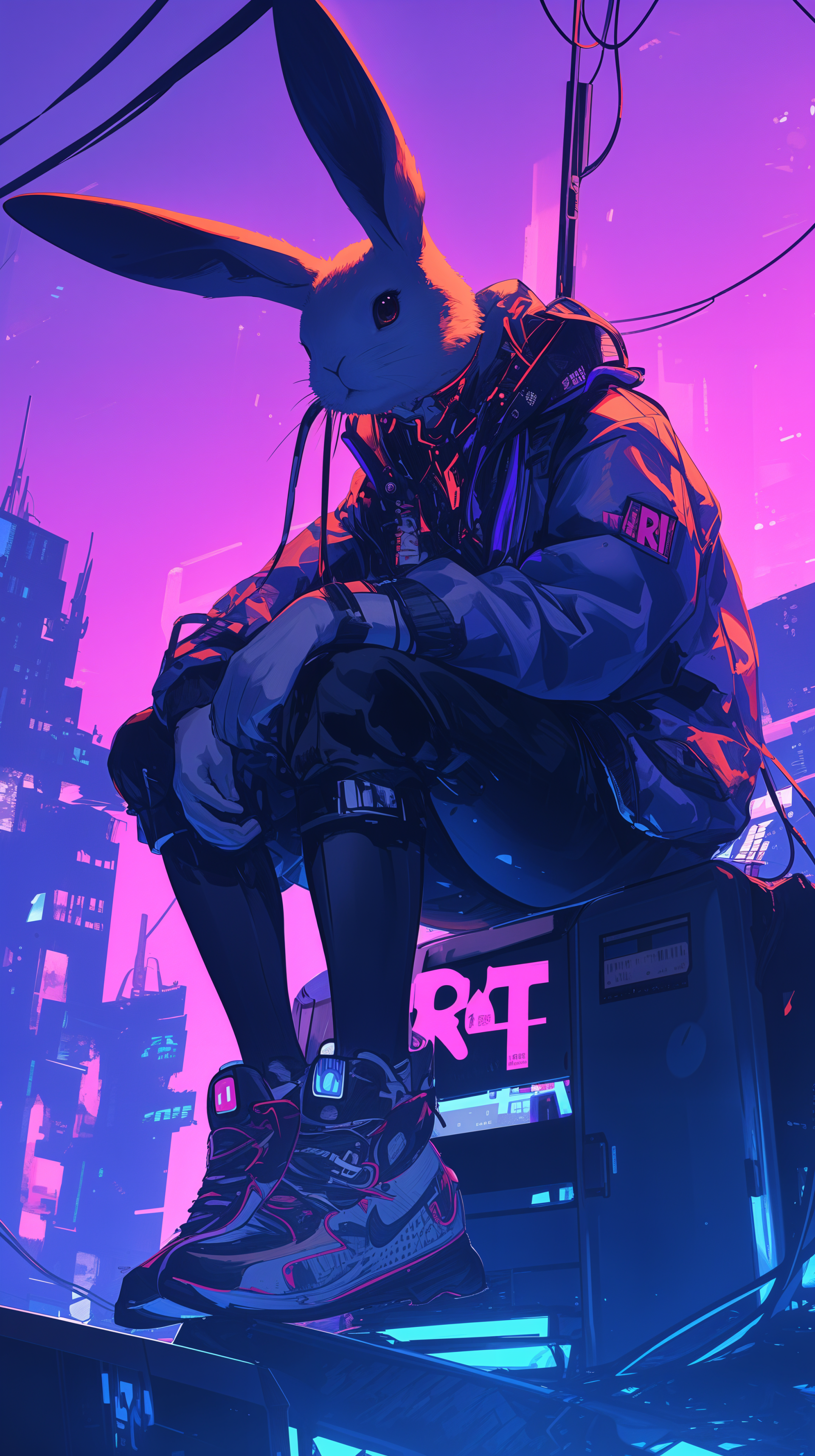 A sci-fi themed phone wallpaper featuring a bunny figure in a futuristic outfit, sitting on a device against a vibrant neon city backdrop, radiating a cool, cyberpunk vibe.