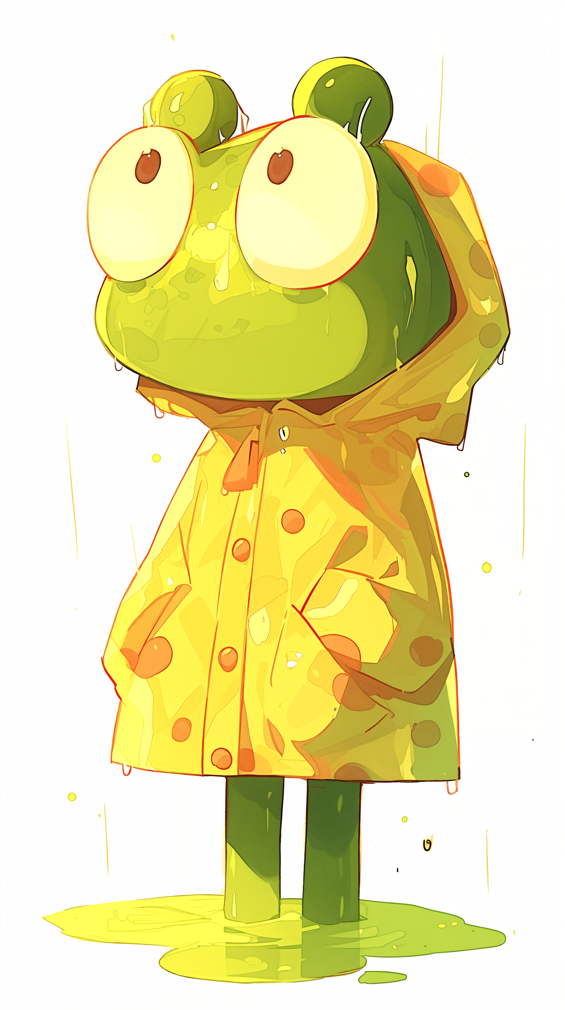 A vibrant phone wallpaper featuring Keroppi, the beloved Sanrio character, standing in a yellow polka-dotted raincoat, surrounded by puddles of bright green.