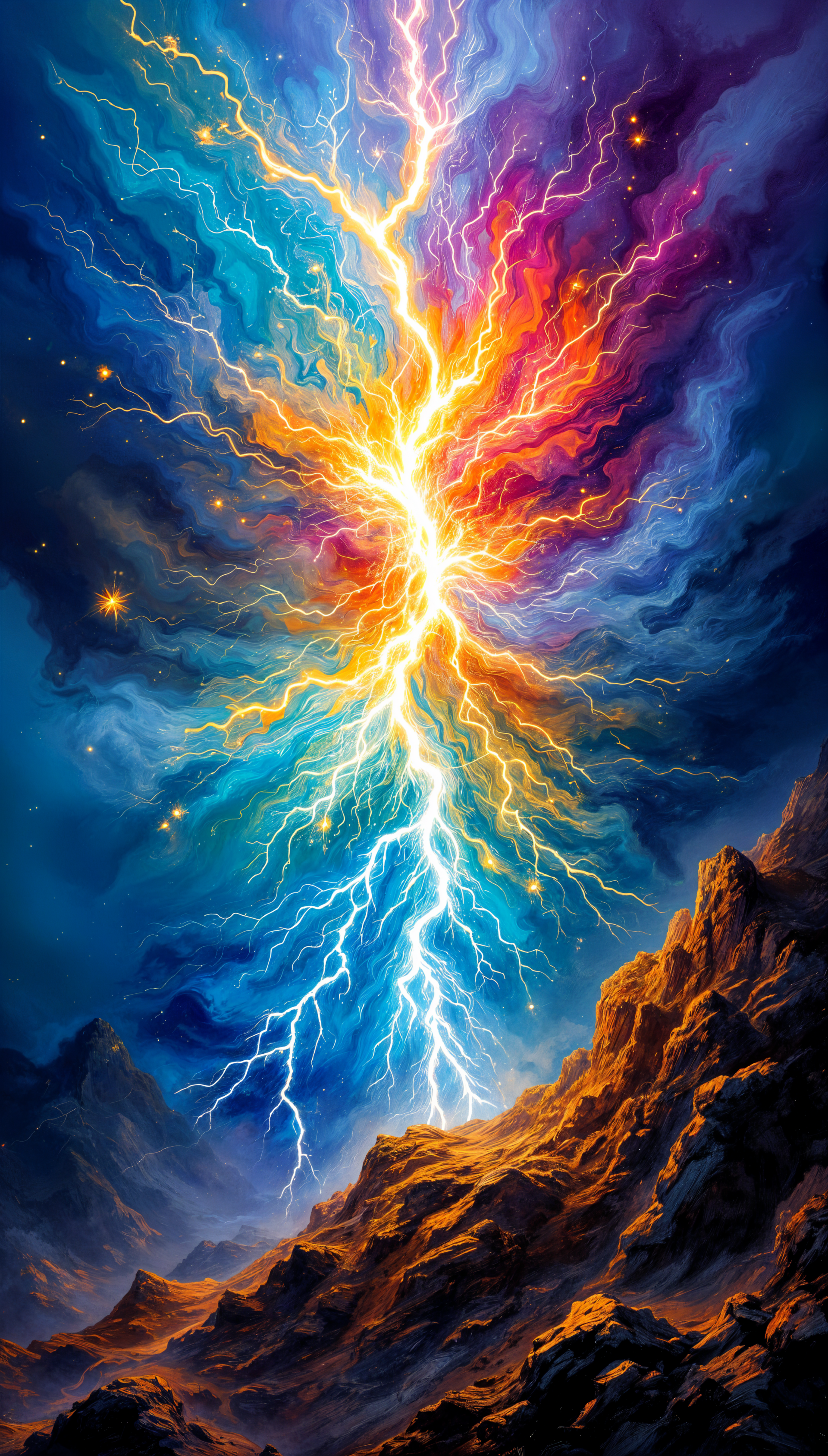 A vibrant phone wallpaper featuring a striking lightning bolt illuminated against a backdrop of swirling blue, orange, and purple hues, set amidst rugged rocky terrain.