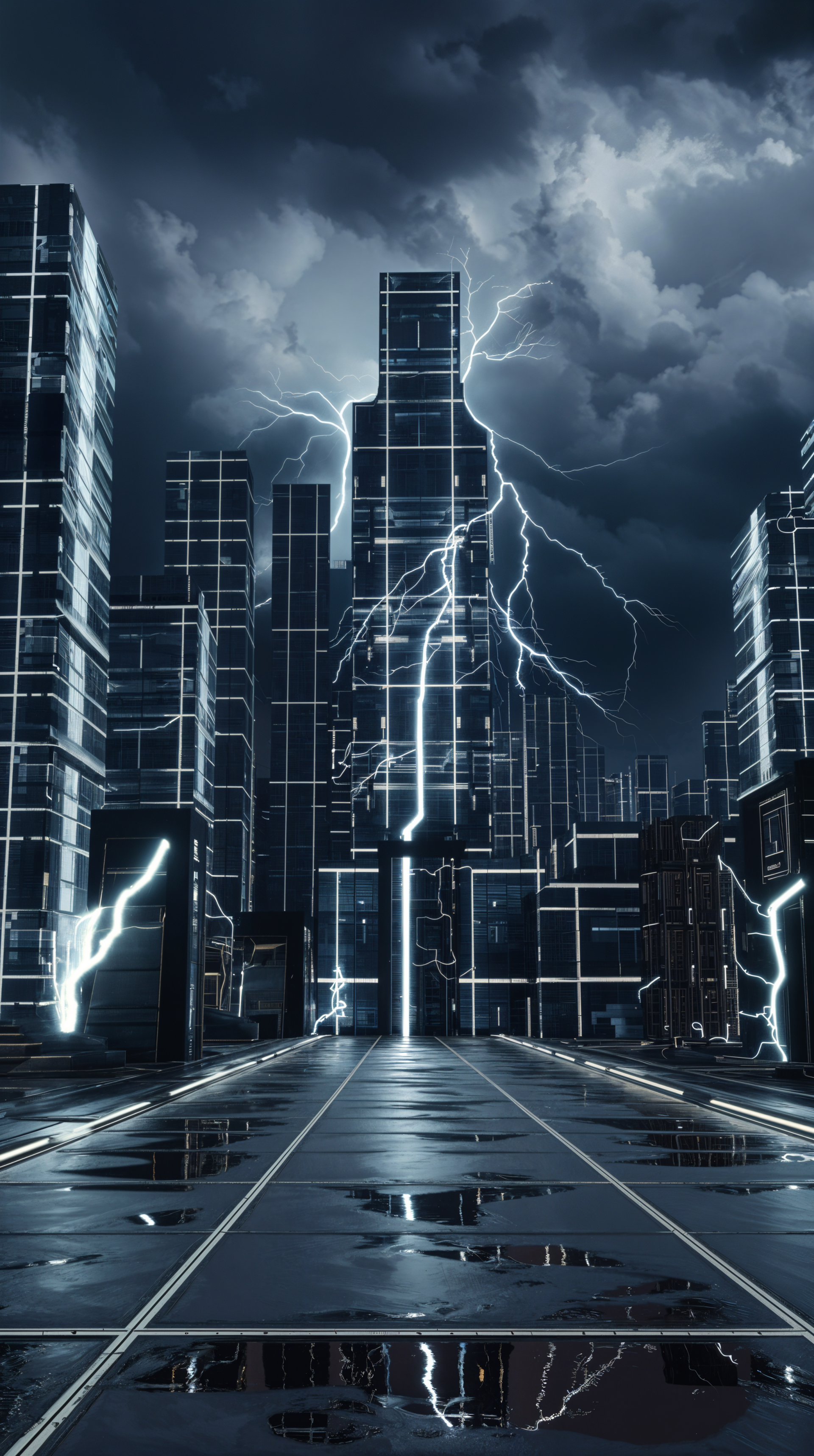 A dramatic cityscape featuring striking lightning under a stormy sky, reflecting sleek skyscrapers on wet pavement—an electrifying phone wallpaper.