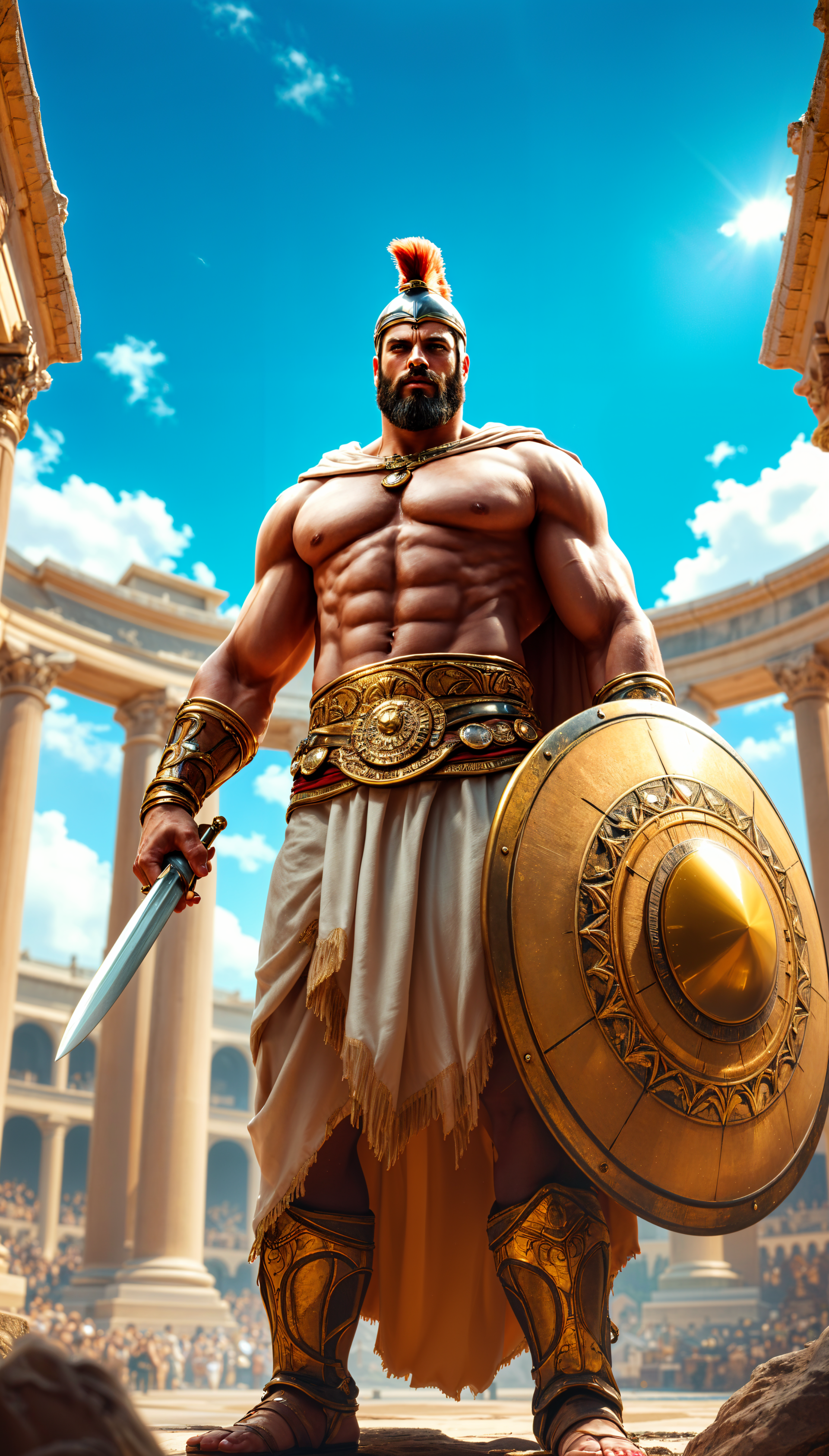 A powerful gladiator stands confidently in ancient ruins, adorned in armor with a sword and shield, against a bright blue sky—an evocative phone wallpaper design.