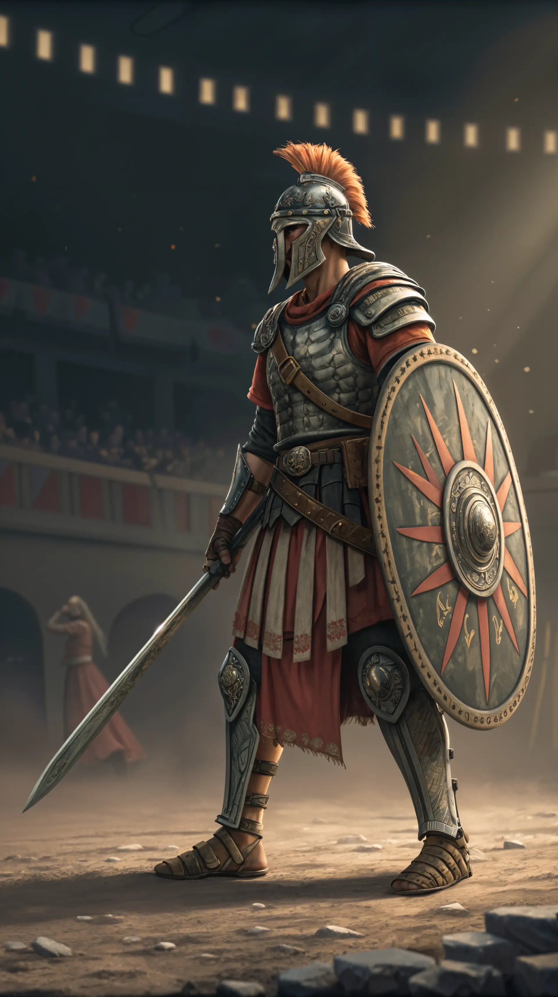 A fierce gladiator stands poised in a coliseum, adorned in vibrant armor and wielding a spear, creating a dynamic and captivating phone wallpaper.