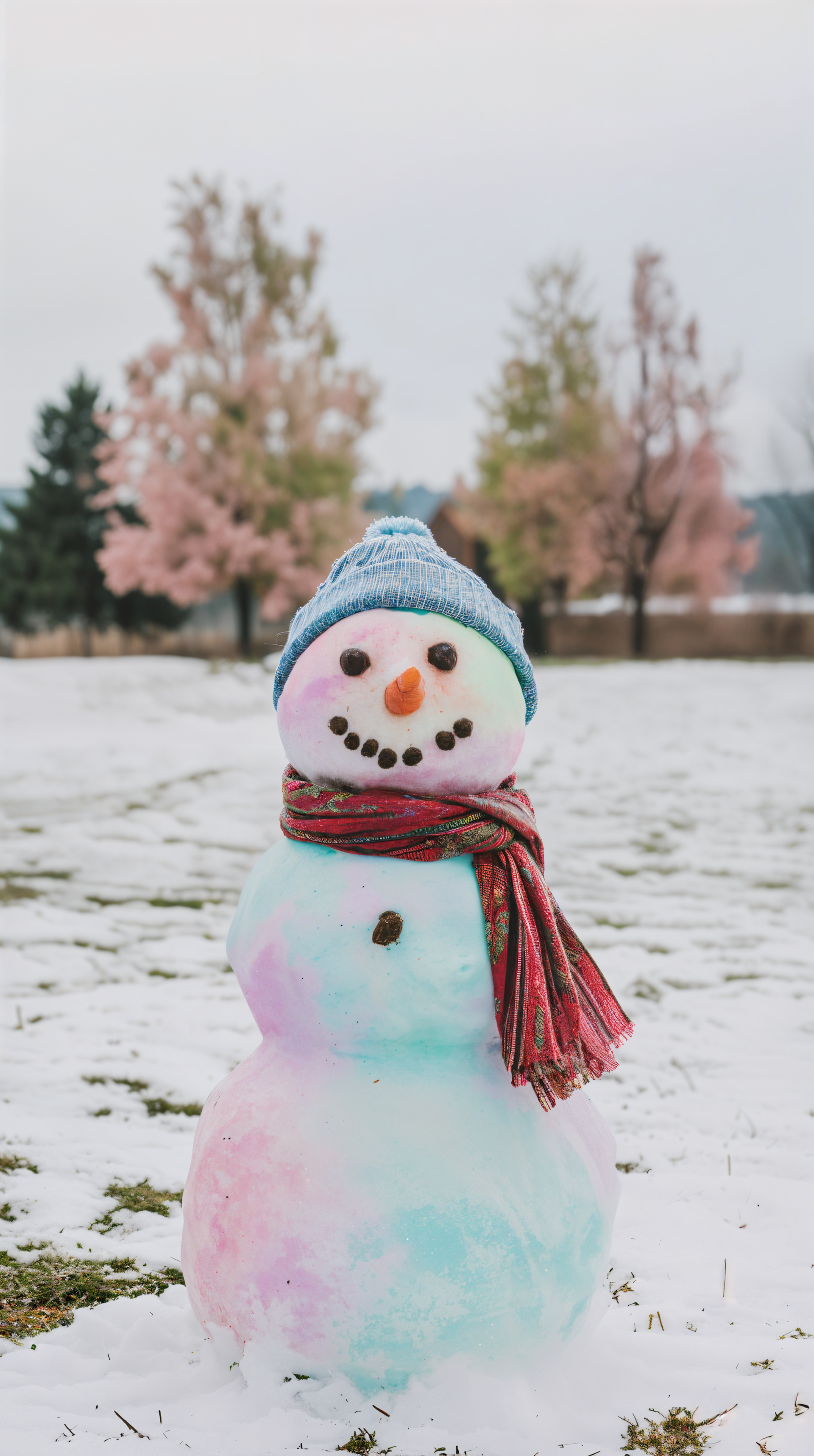 A cheerful snowman with a blue hat and scarf stands in a snowy field, surrounded by soft pink trees, creating a charming winter wallpaper scene.