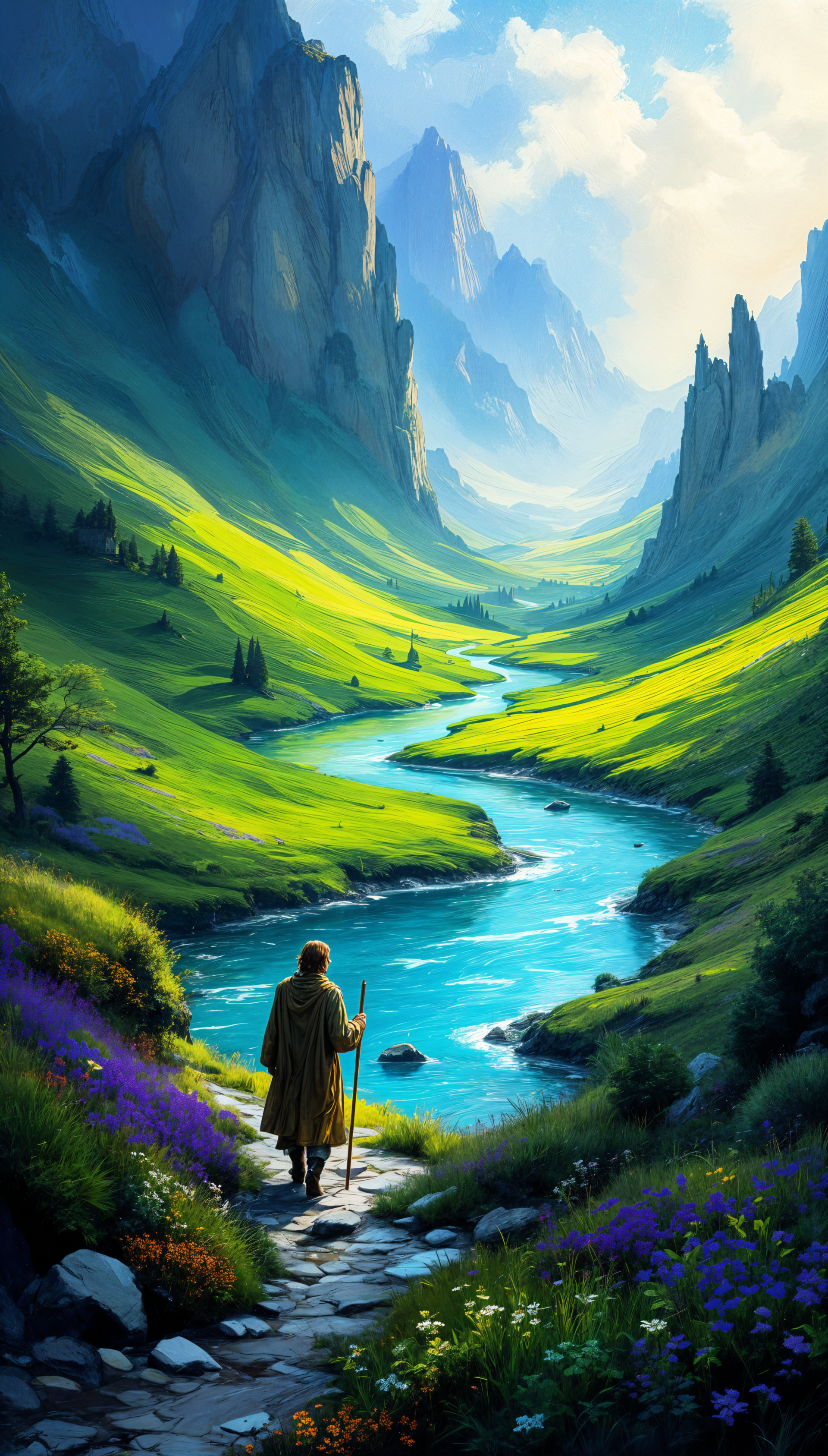 Phone wallpaper depicting a vibrant Middle Earth landscape with towering mountains, a winding river, and a lone hiker exploring the lush green valley under a bright sky.