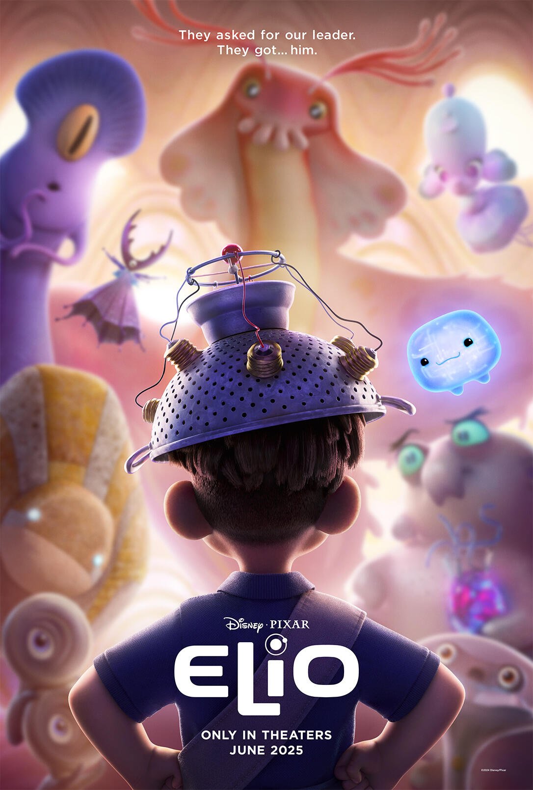 A colorful phone wallpaper featuring Elio, a character from the upcoming Disney-Pixar movie Elio (2025), surrounded by vibrant alien creatures.