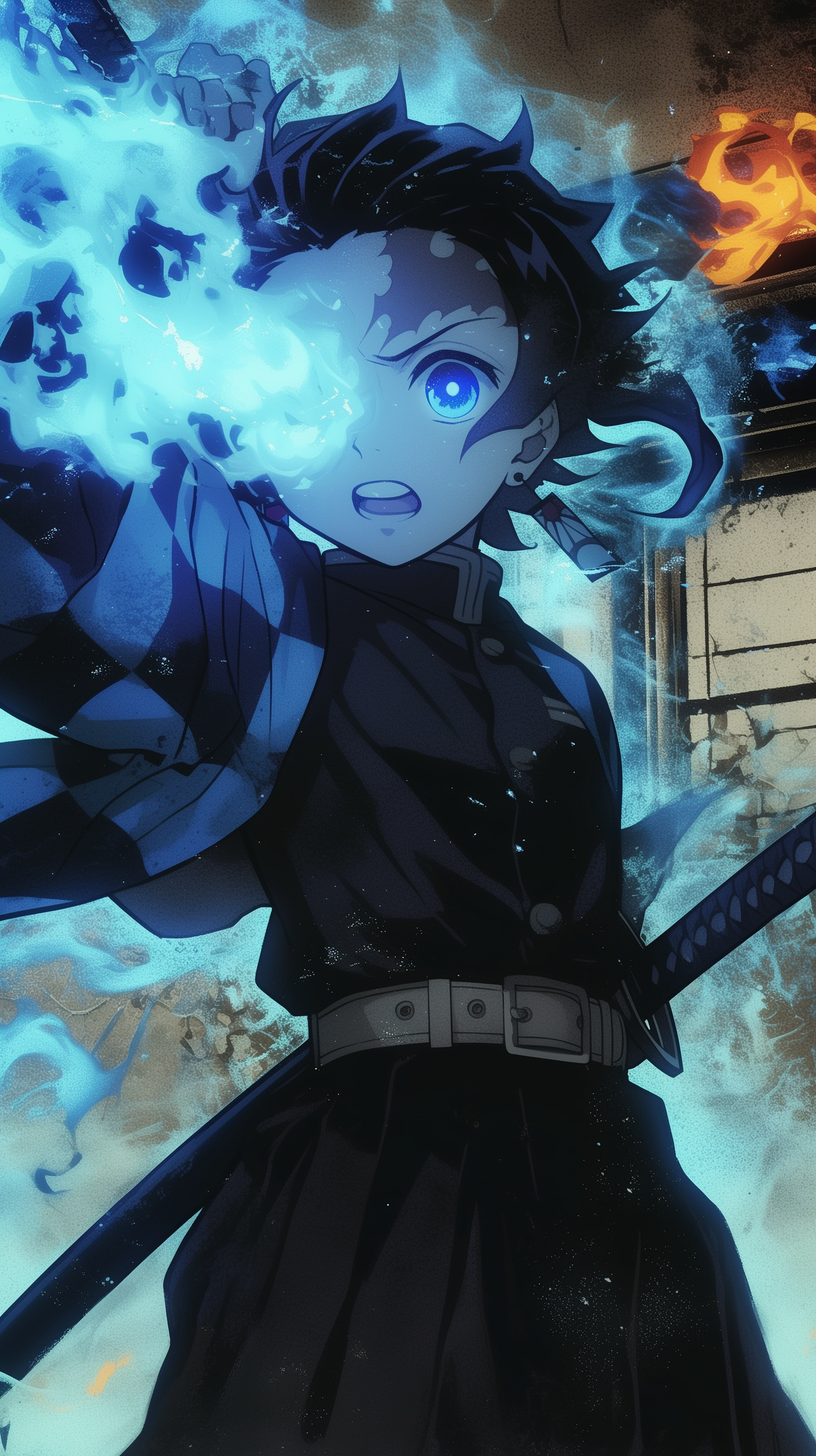 Tanjiro Kamado from Demon Slayer: Kimetsu no Yaiba wields a sword, surrounded by blue flames, in this dynamic anime-inspired phone wallpaper.