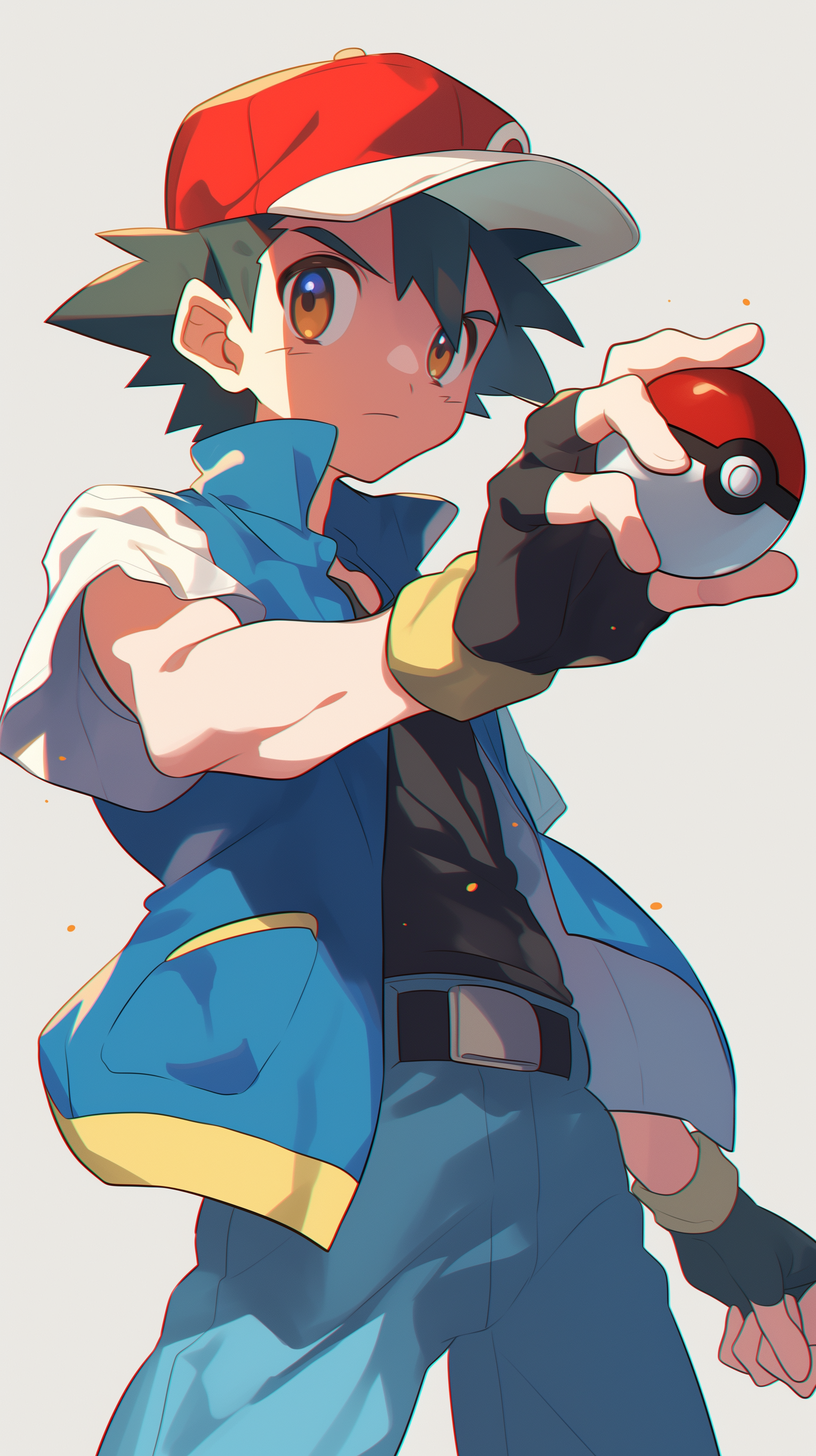 Anime wallpaper featuring Ash Ketchum confidently holding a Pokéball, showcasing his determination and spirit as a Pokémon trainer.