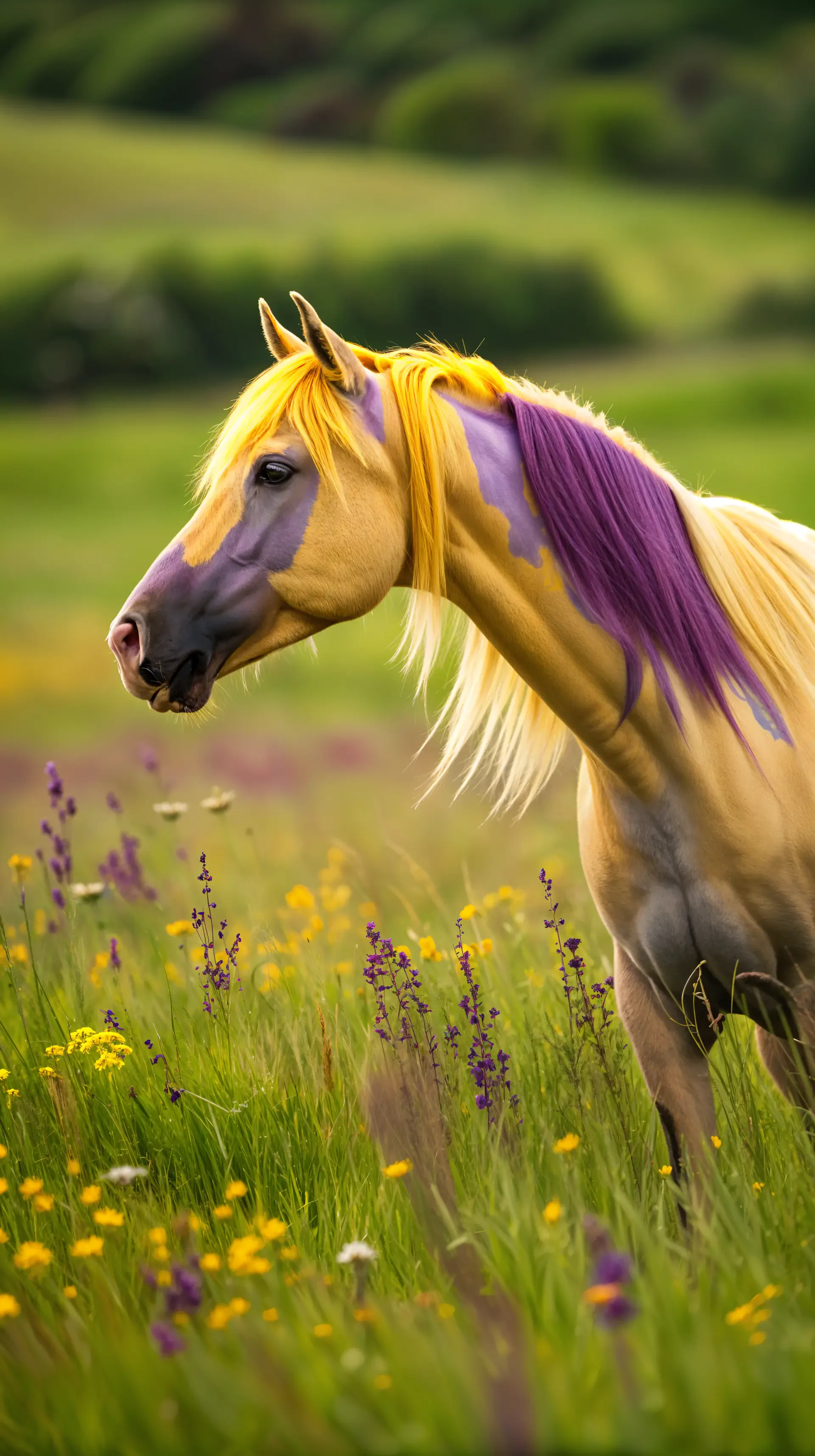 A stunning mare with a golden coat and vibrant purple mane stands gracefully amidst a colorful field of wildflowers, making for an enchanting phone wallpaper.