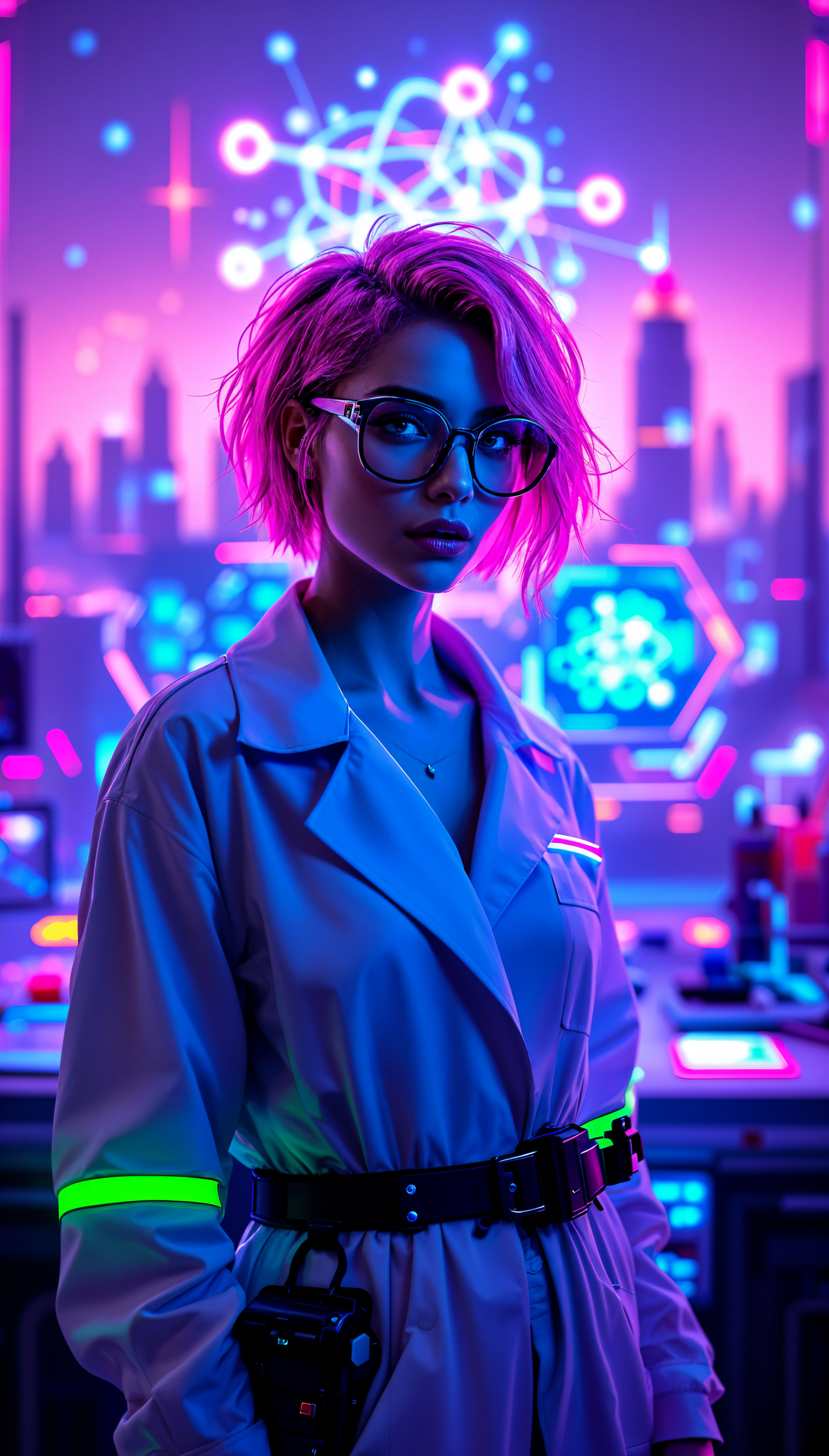 A vibrant phone wallpaper featuring a scientist with pink hair and glasses, set against a futuristic lab background illuminated by neon lights and geometric patterns.