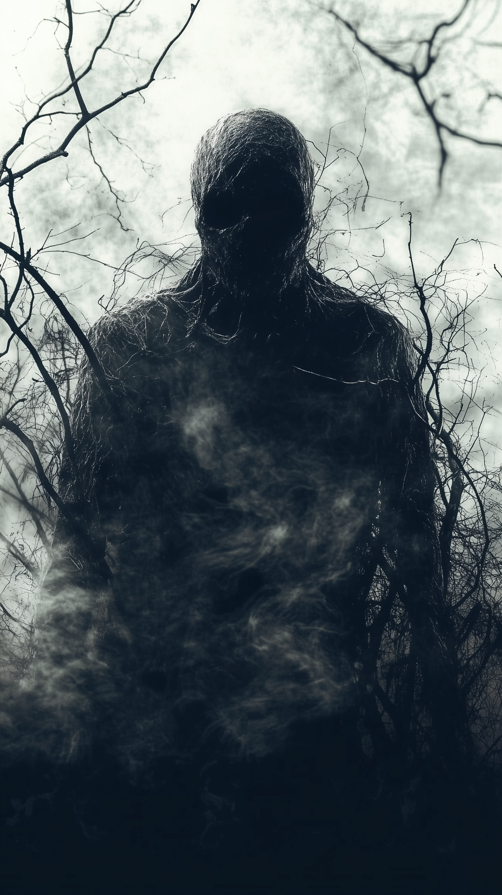 A dark, eerie creature emerges from mist and twisted branches, embodying horror in a haunting phone wallpaper design. Shadows envelop its form, enhancing the unsettling atmosphere.