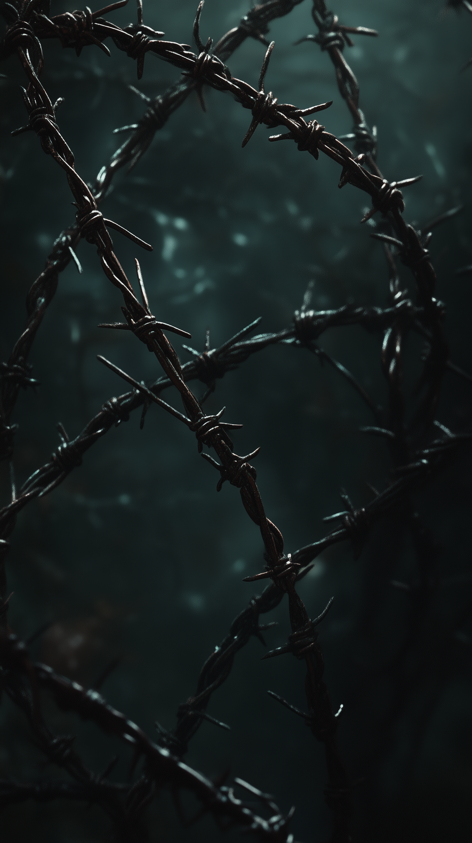 A close-up of twisted black barbed wire against a dark, blurred background, creating a striking and edgy phone wallpaper.
