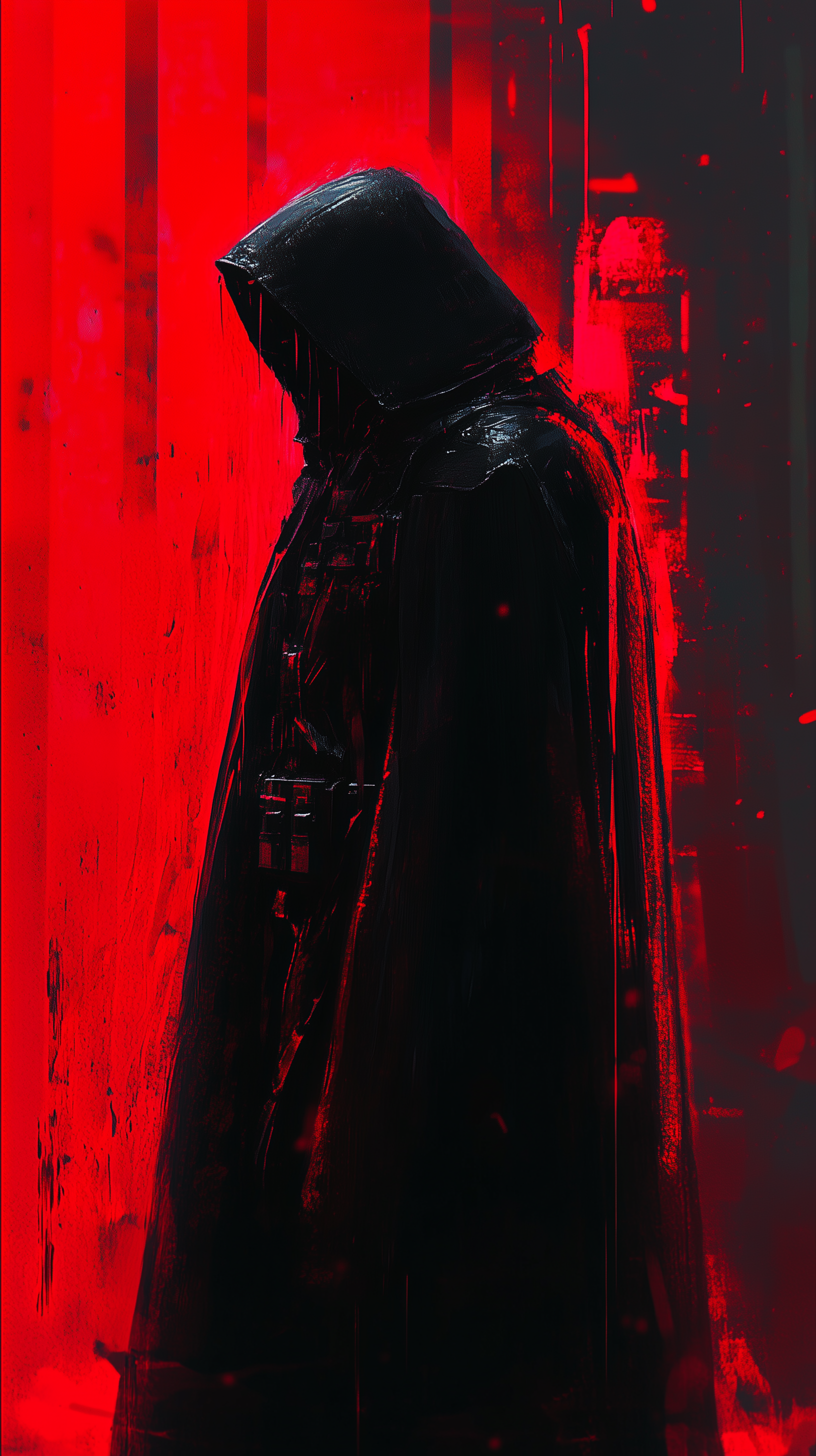 Dark figure wearing a black cape stands against a vibrant red and black abstract background, designed as a striking phone wallpaper for iPhones and Android devices.