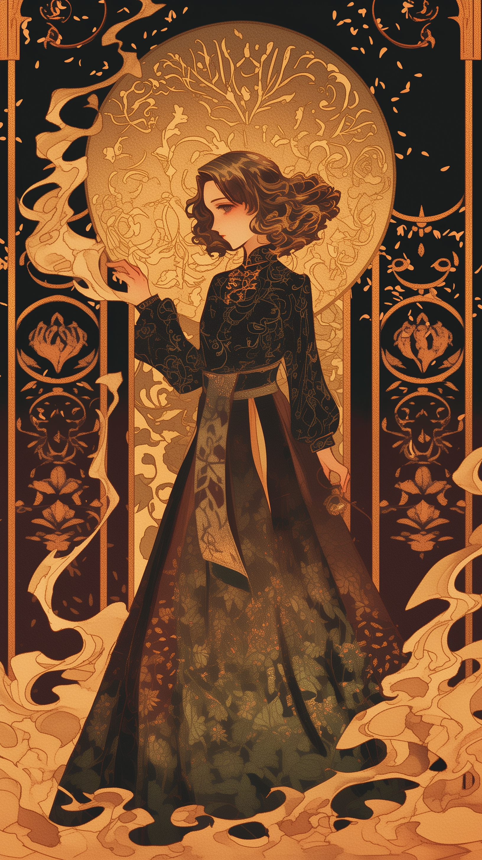 An ethereal anime girl stands gracefully against a softly lit background, surrounded by flowing smoke, creating a captivating phone wallpaper design.