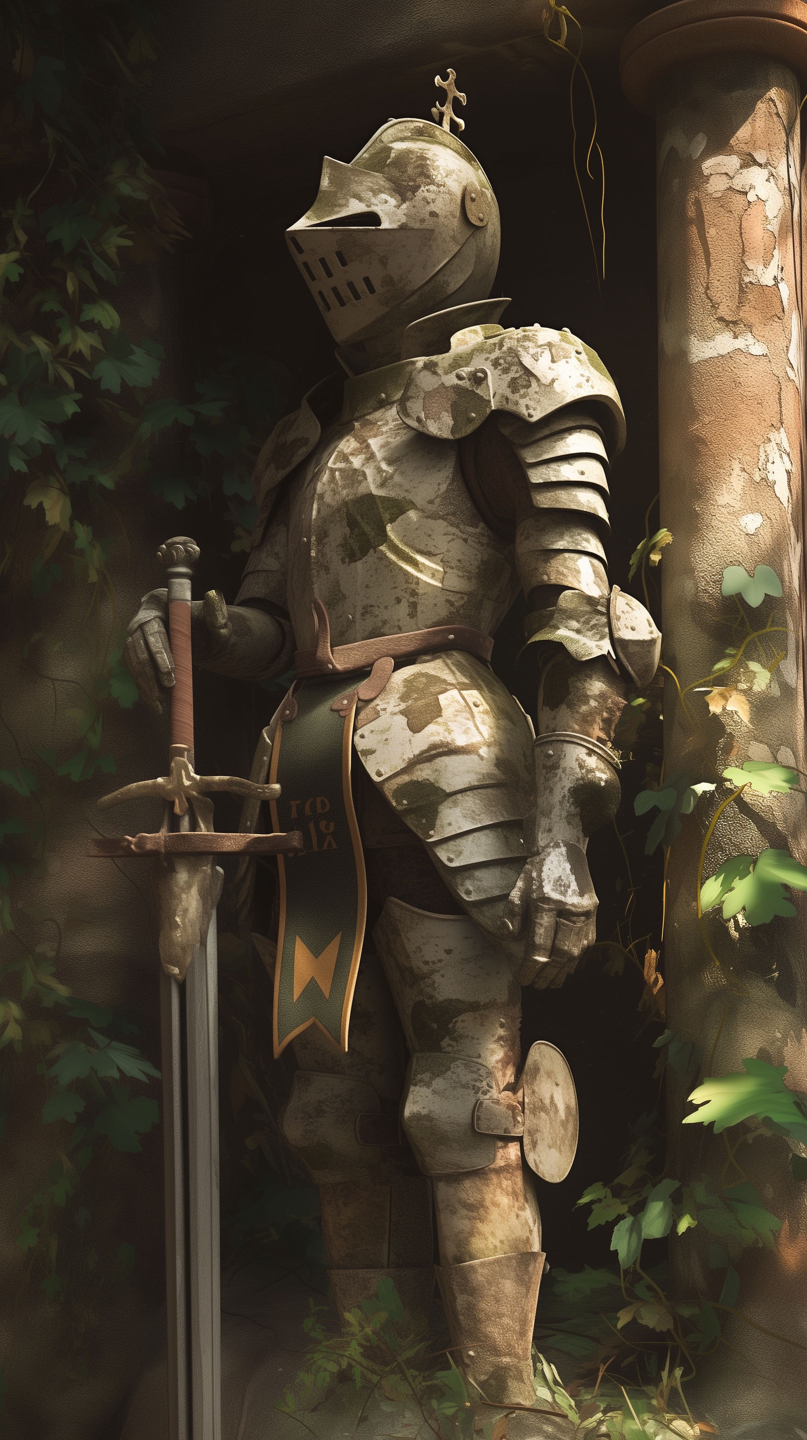 A rusted knight in weathered armor stands poised with a sword, surrounded by lush greenery, creating an atmospheric phone wallpaper.