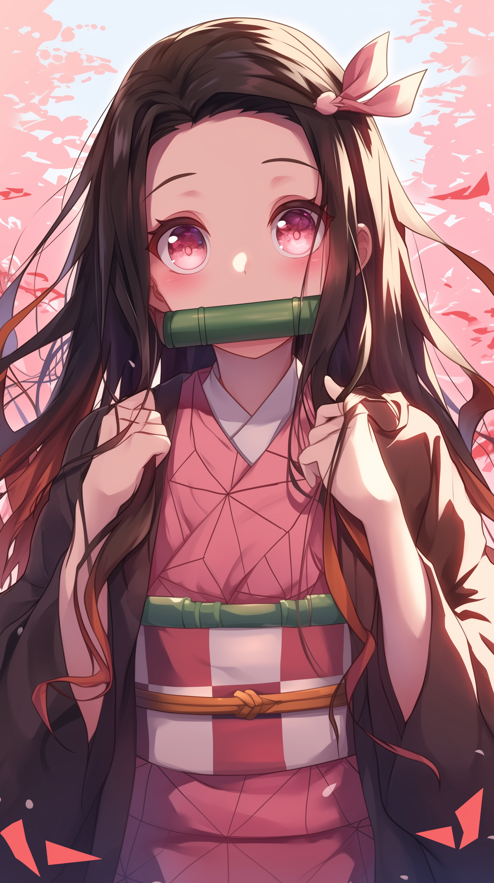 Anime phone wallpaper featuring Nezuko Kamado from Demon Slayer: Kimetsu no Yaiba with large pink eyes, flowing hair, and soft cherry blossom background in a kawaii style.