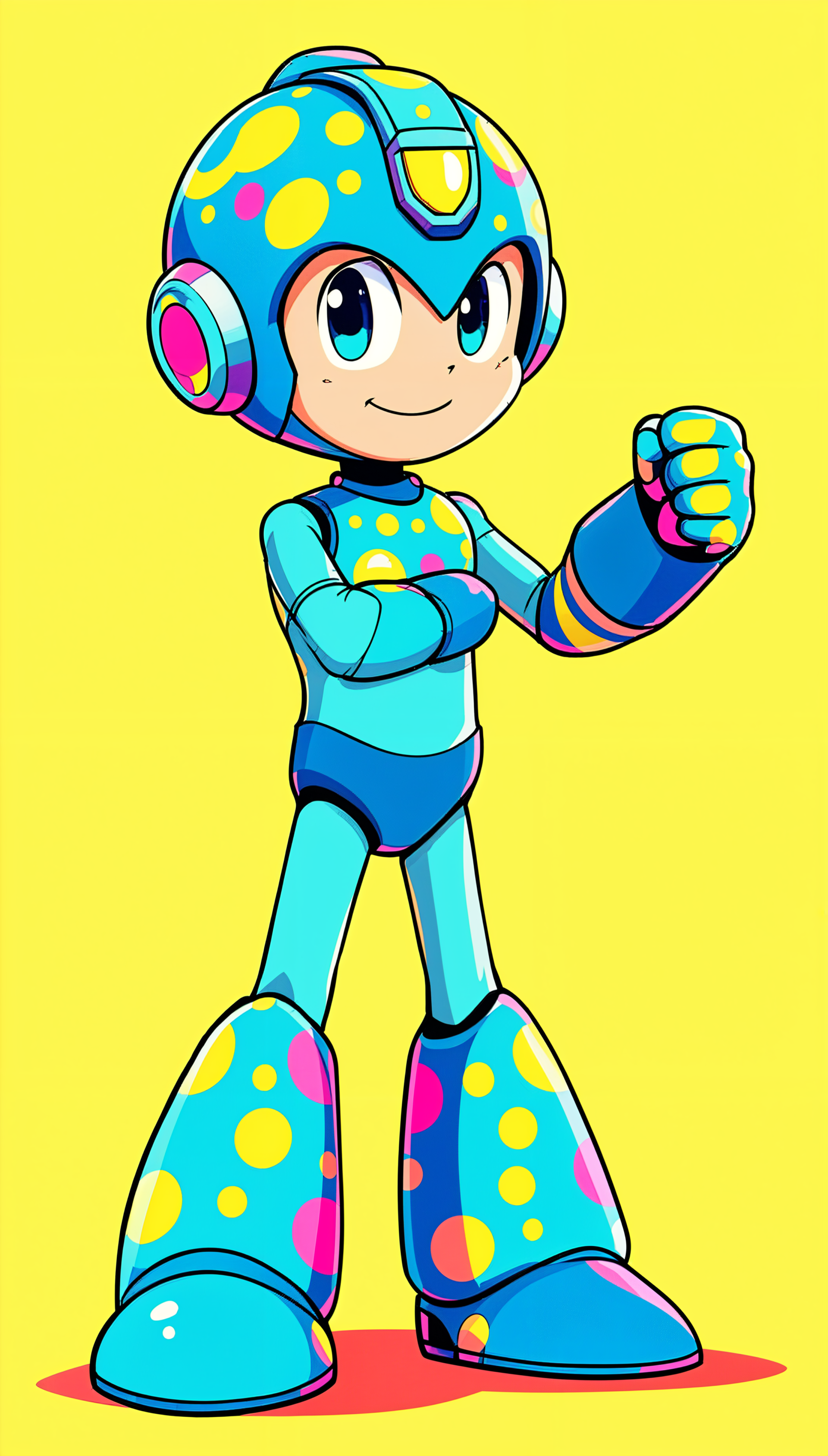 A vibrant phone wallpaper featuring Mega Man, showcasing the character in a playful pose with a bright yellow background and colorful polka dots on his suit.