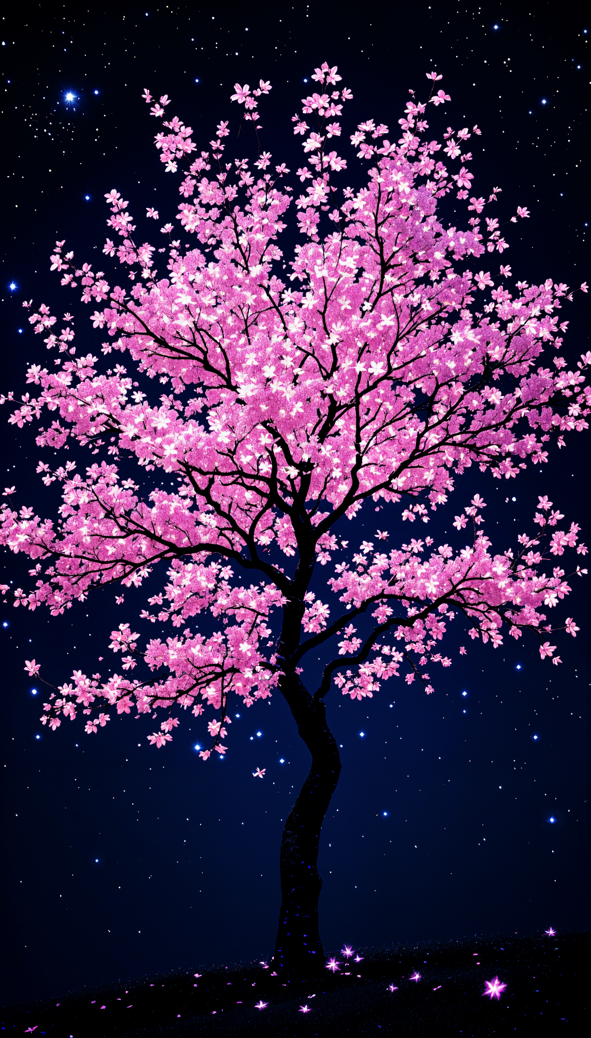 A vibrant cherry blossom tree in full bloom, set against a dark starry background, creating a captivating phone wallpaper that evokes tranquility and beauty.