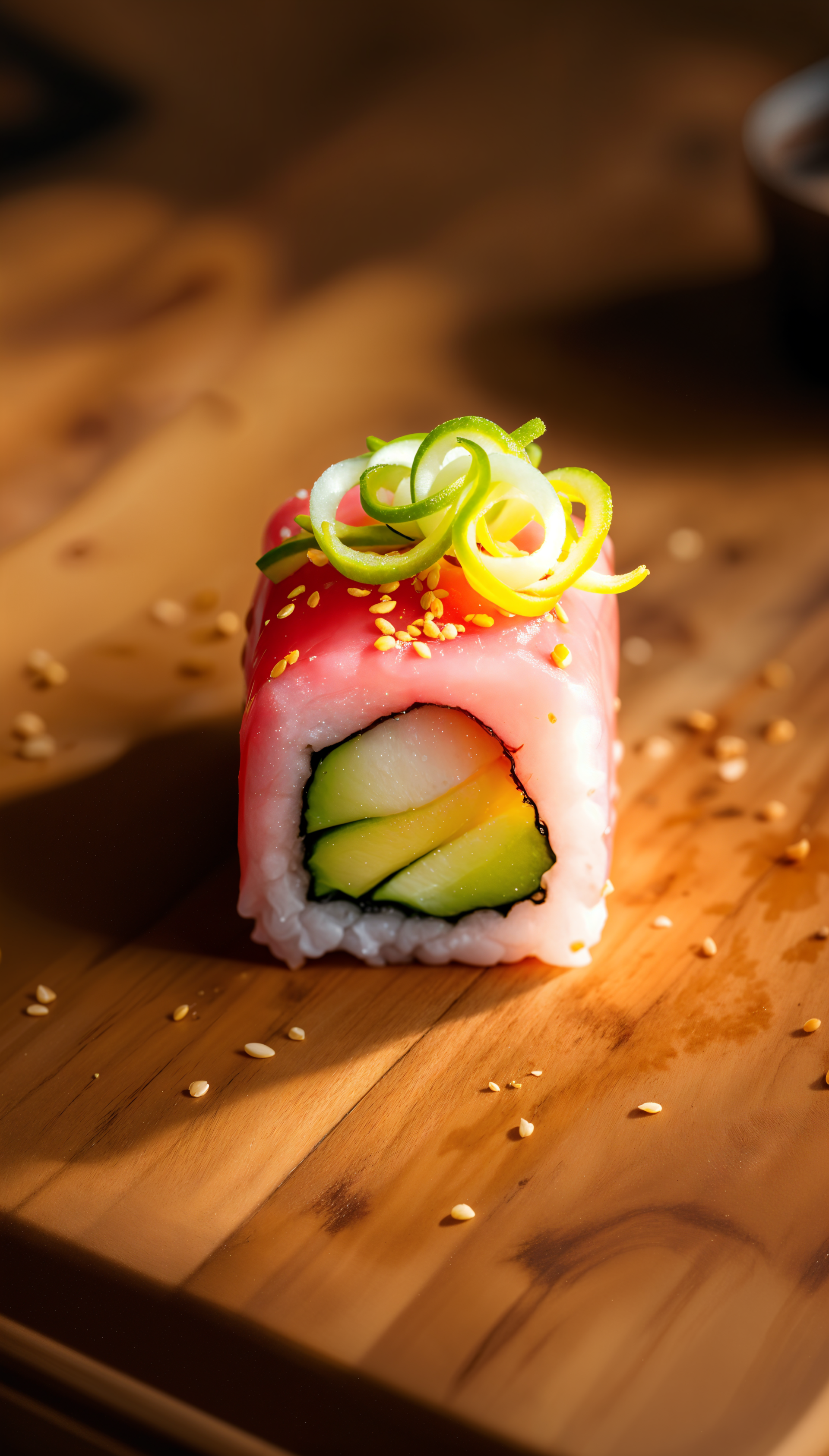 A close-up of a vibrant sushi roll, featuring fresh cucumber and green onions, set against a warm wooden background. This image serves as an eye-catching phone wallpaper.