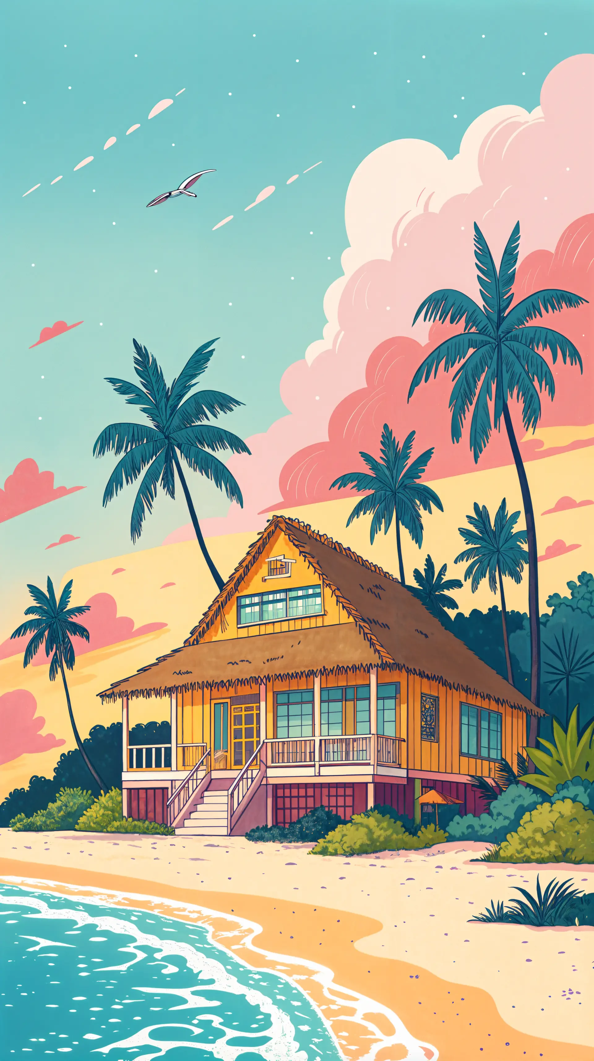 A vibrant illustration of a beach house surrounded by palm trees, with gentle waves lapping at the shore and a colorful sky, designed as an appealing phone wallpaper.