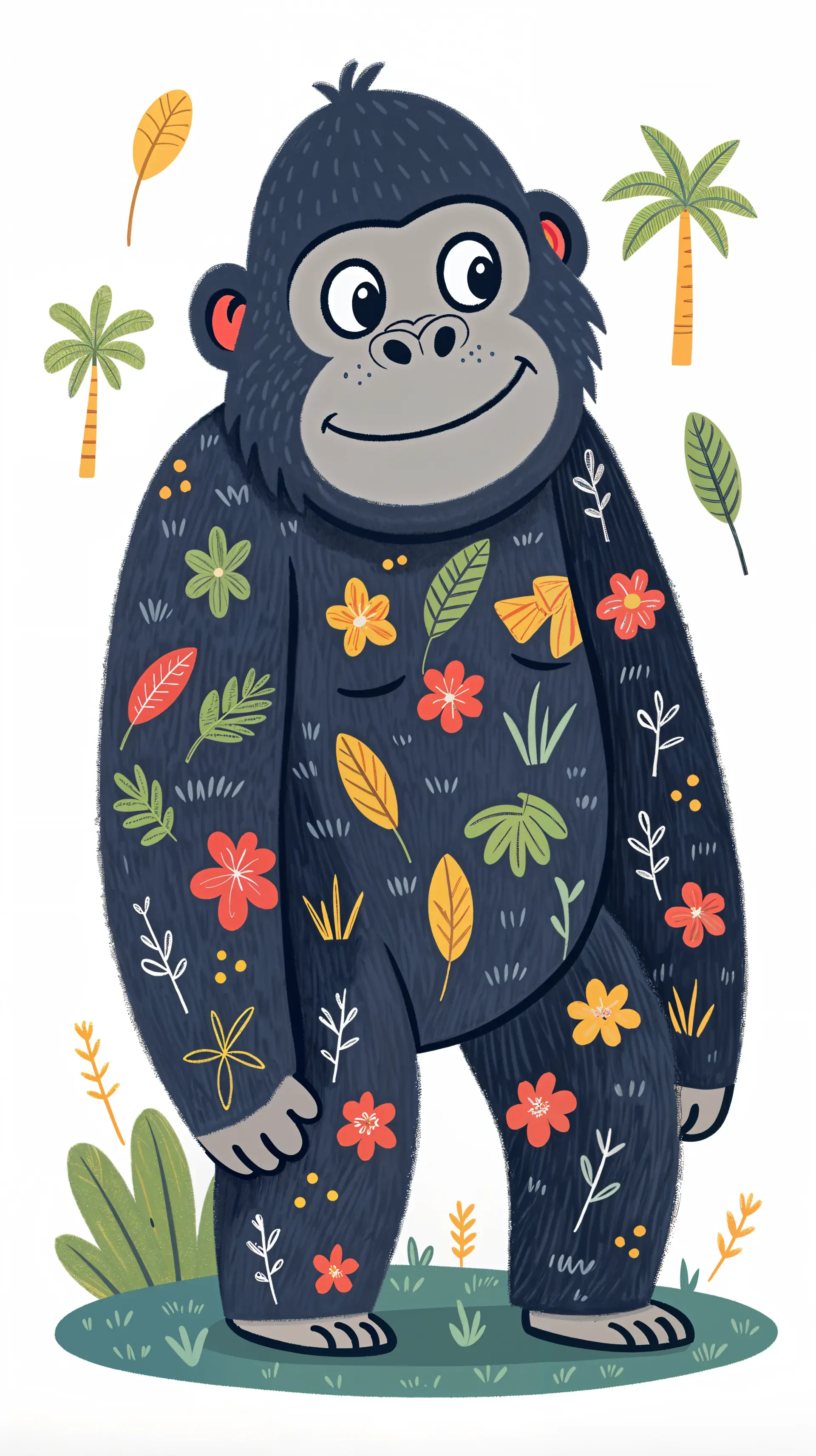A cheerful cartoon gorilla adorned with vibrant flowers and leaves stands against a light background, surrounded by tropical plants, creating a playful phone wallpaper.