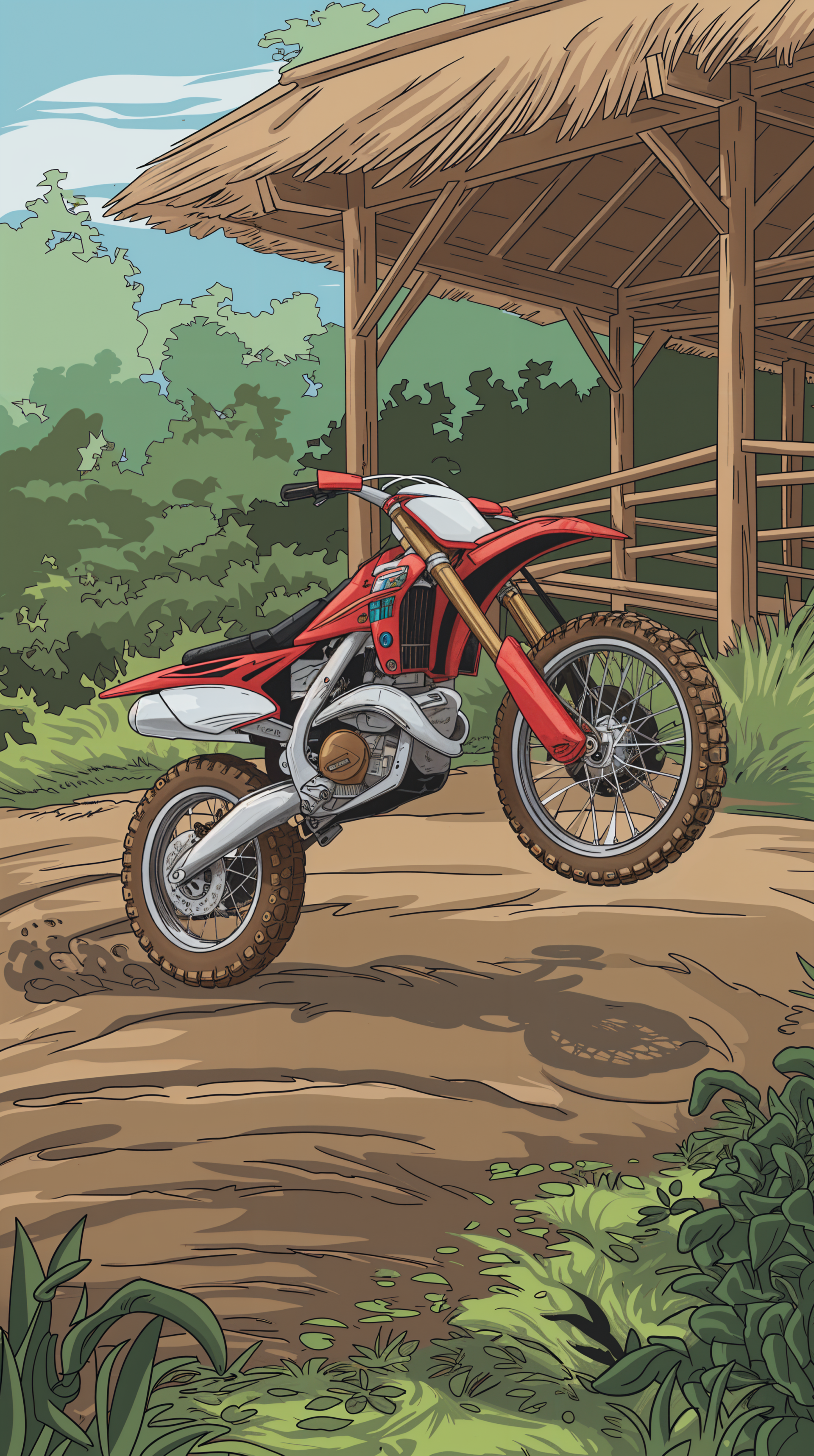 A vibrant motocross bike performs a wheelie on a dirt track, surrounded by lush greenery and a wooden structure, making it a dynamic phone wallpaper.