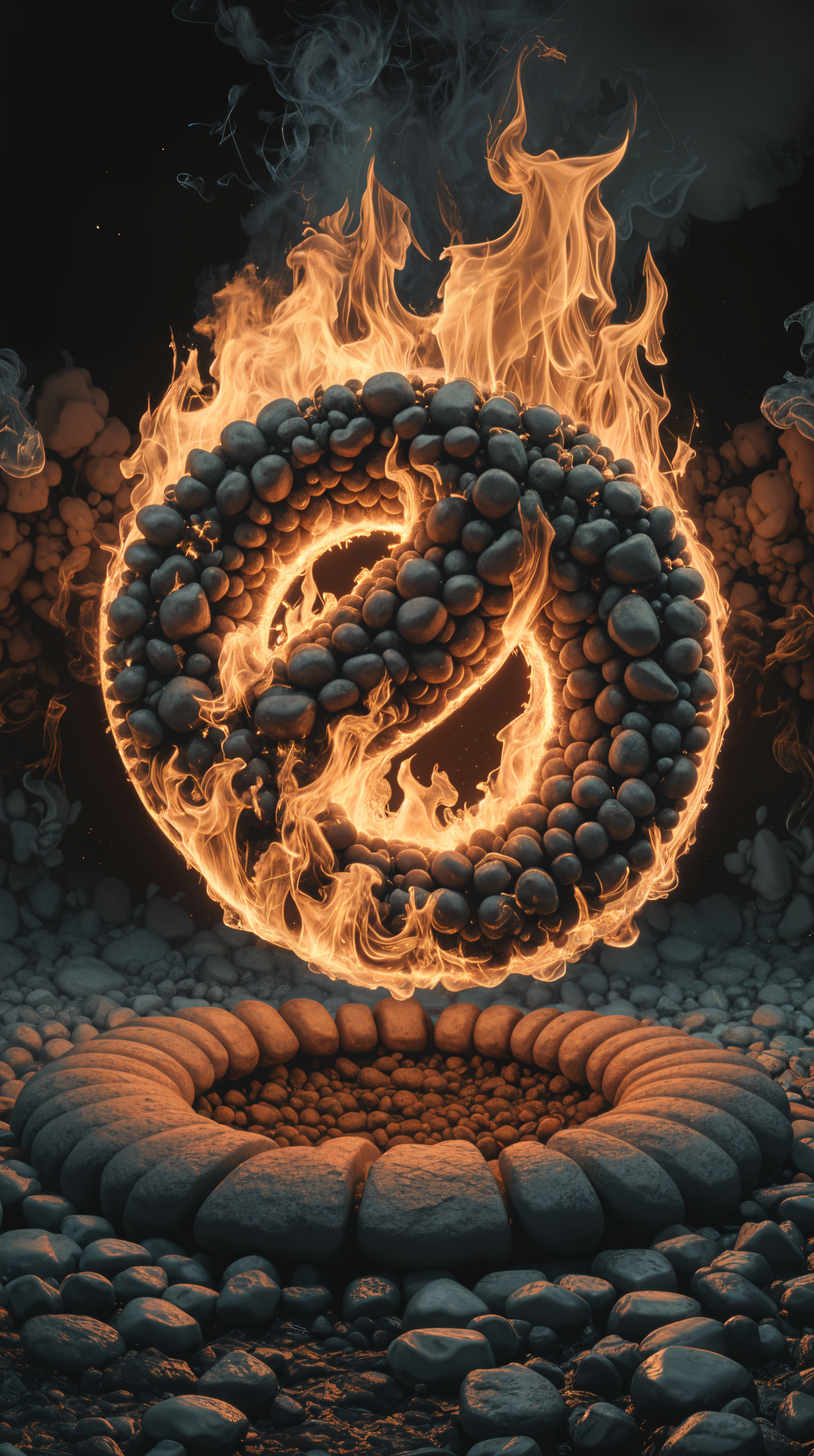 A striking phone wallpaper featuring a circular design made of stones, surrounded by vibrant flames, set against a dark background with a textured stone border.