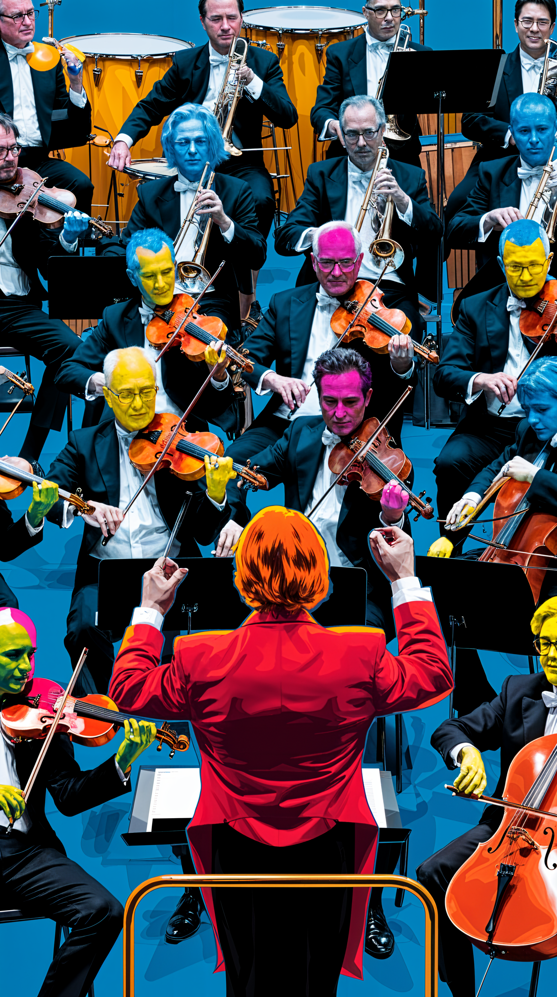 A vibrant orchestral scene featuring a conductor in a red jacket leading musicians with colorful, stylized faces, creating an artistic and lively phone wallpaper.