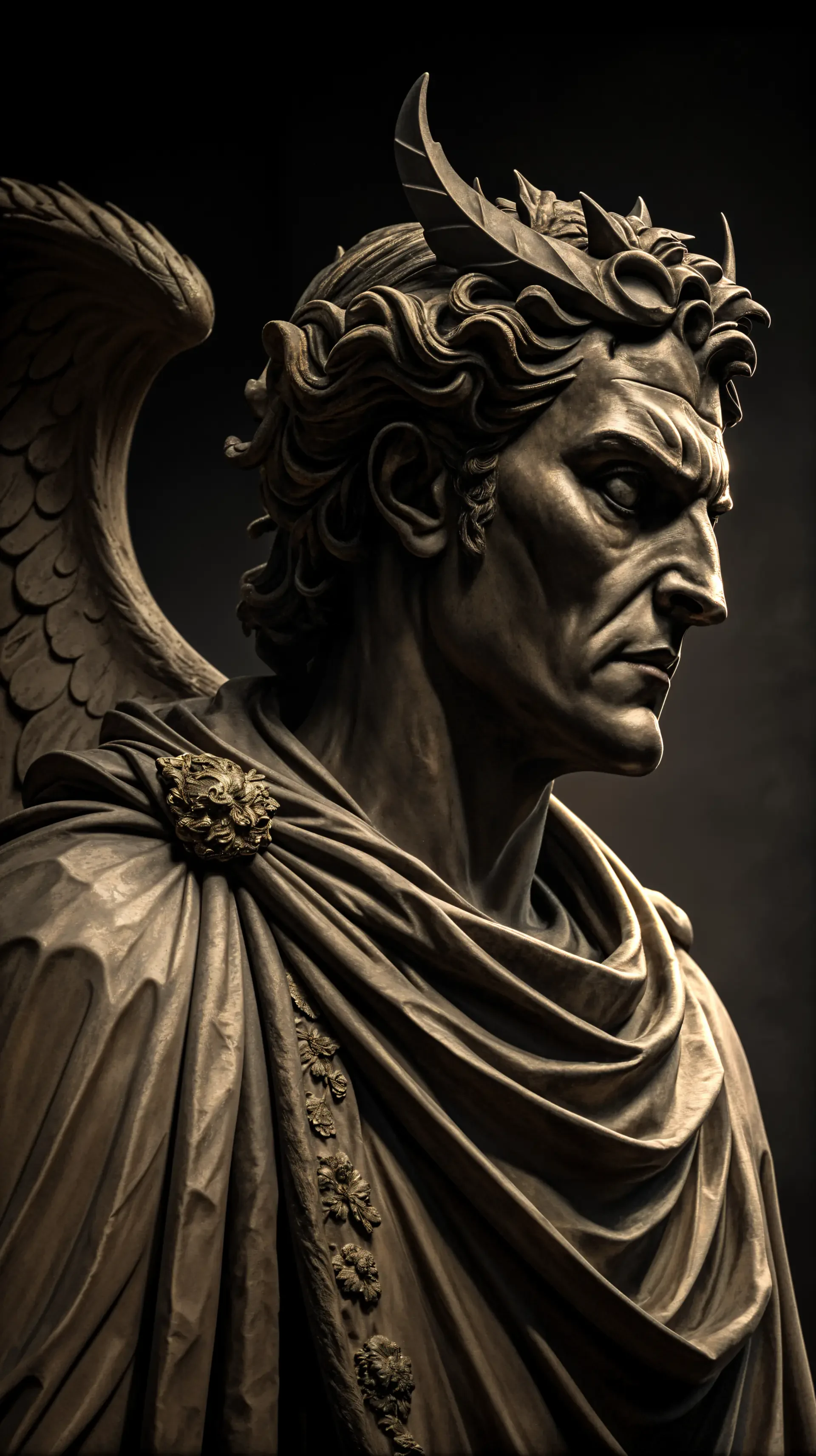 A dramatic, dark-toned phone wallpaper featuring a stern, winged figure with a crown, exuding an aura of malevolence and power.