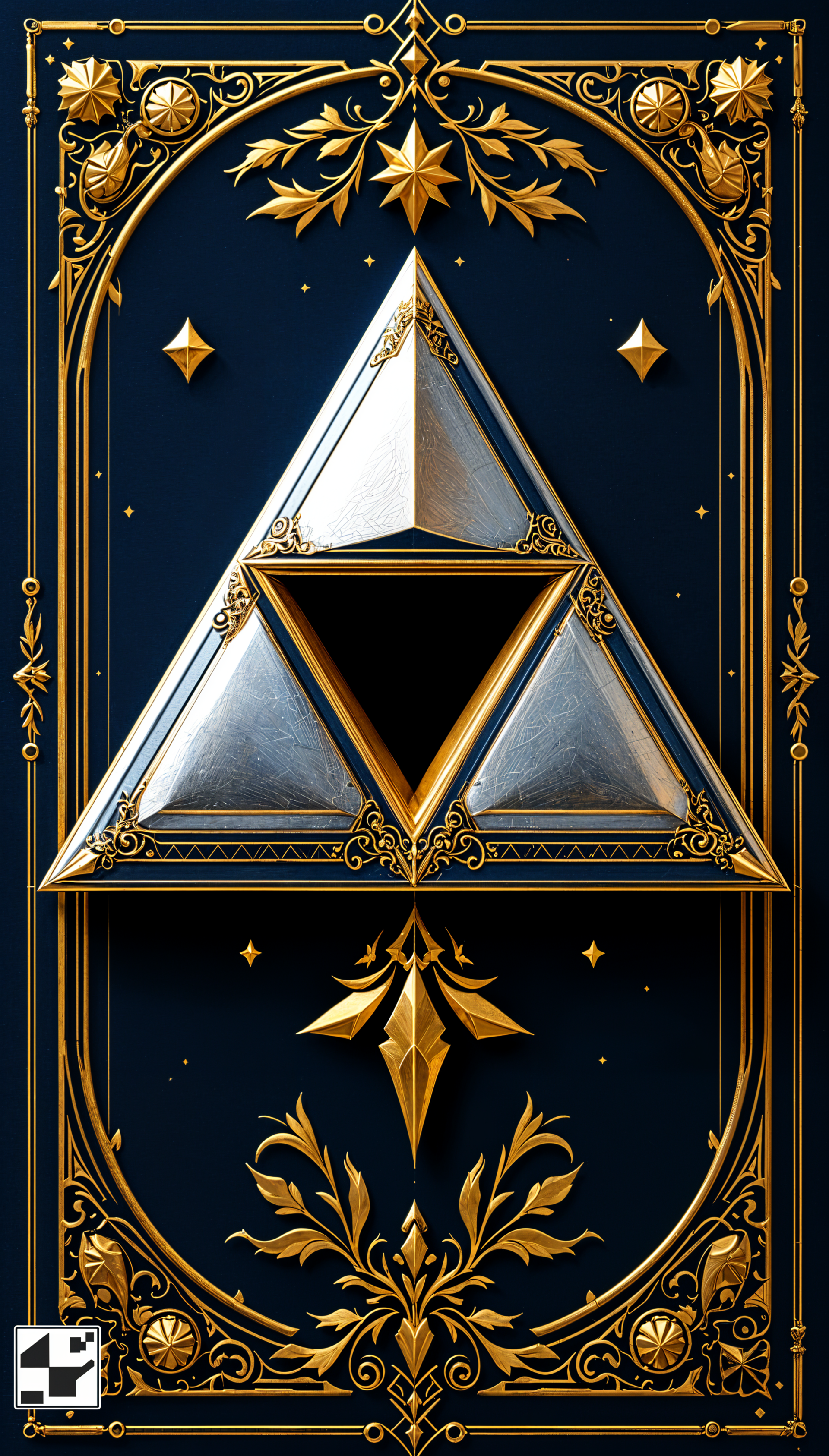 A striking phone wallpaper featuring the iconic triforce symbol, intricately designed with gold accents on a deep blue background, surrounded by elegant floral motifs and stars.