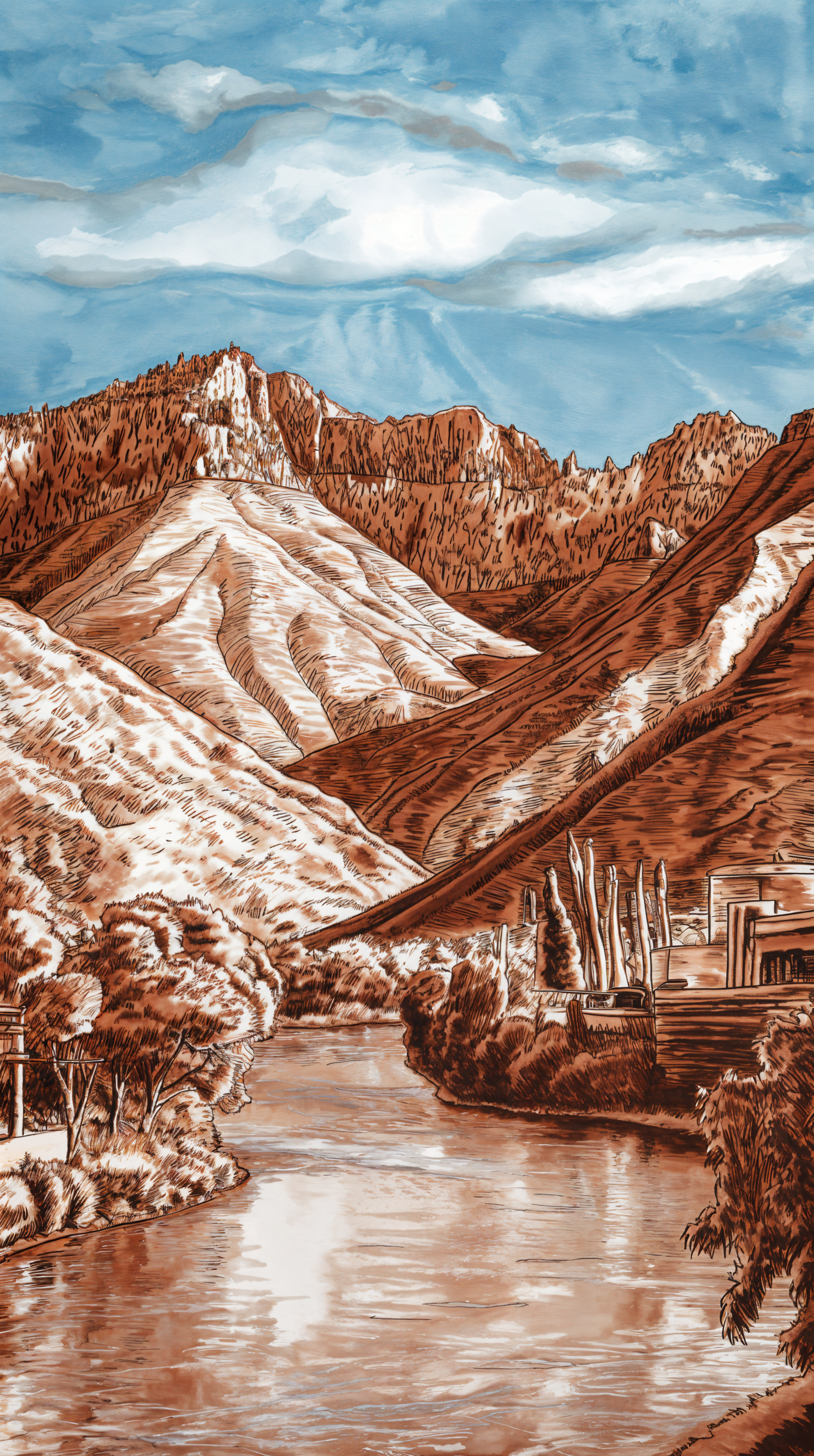 A stylized phone wallpaper featuring a serene river winding through mountainous terrain, capturing the essence of the natural beauty of Mexico.