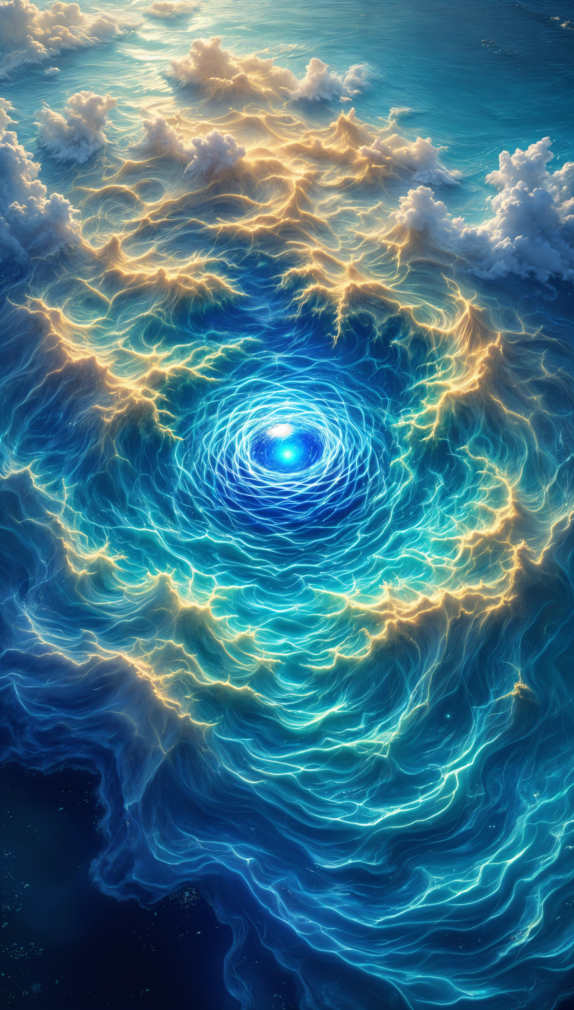 A vibrant phone wallpaper featuring swirling blue and golden clouds, centered around a luminous blue core, creating a sense of depth and tranquility.