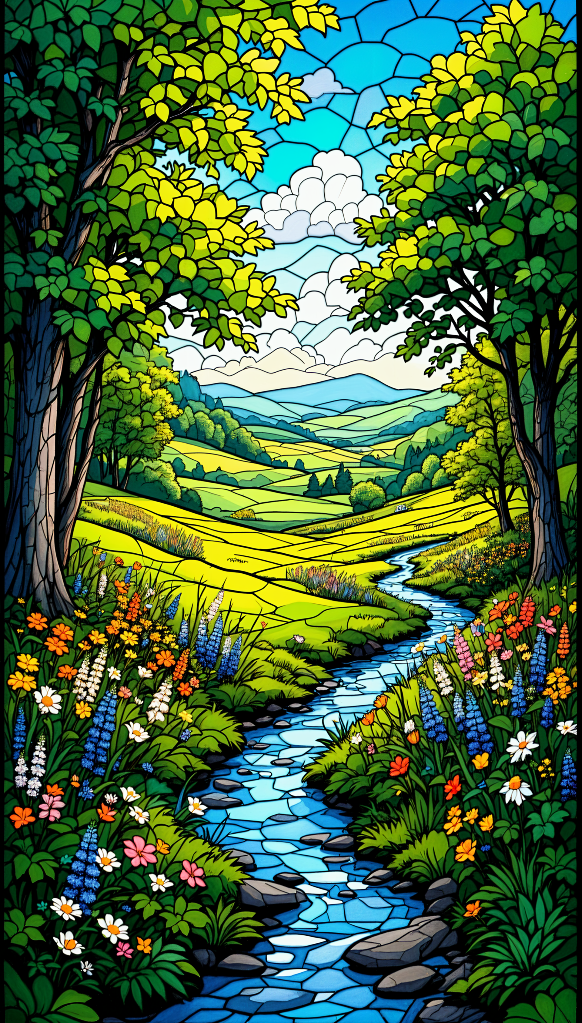 A vibrant stained-glass style phone wallpaper depicting a winding creek flowing through a colorful landscape of trees, wildflowers, hills, and a bright blue sky.