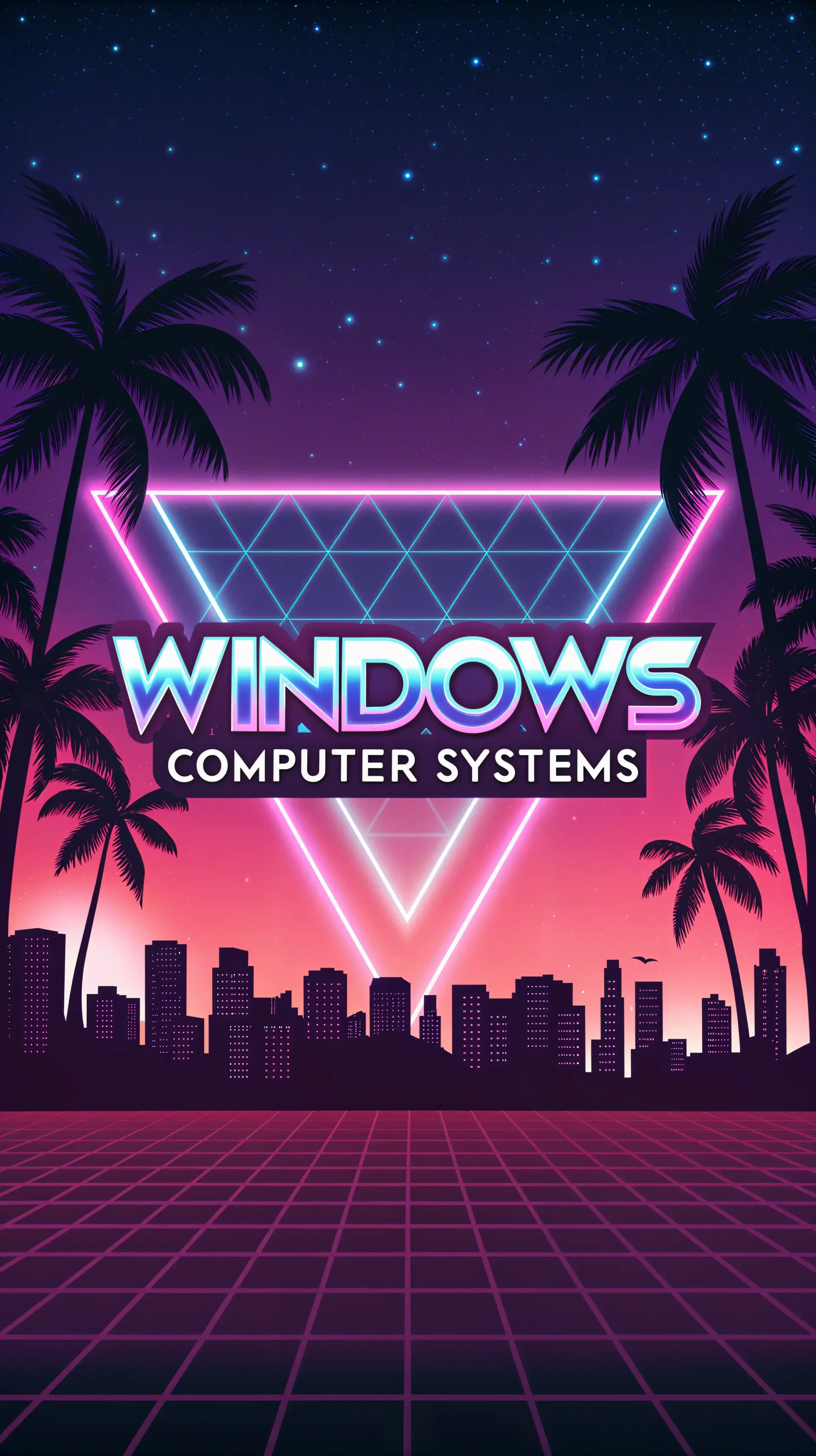 A vibrant retro-themed phone wallpaper featuring palm trees, a city skyline, and the text Windows Computer Systems in bright, neon colors against a starry background.
