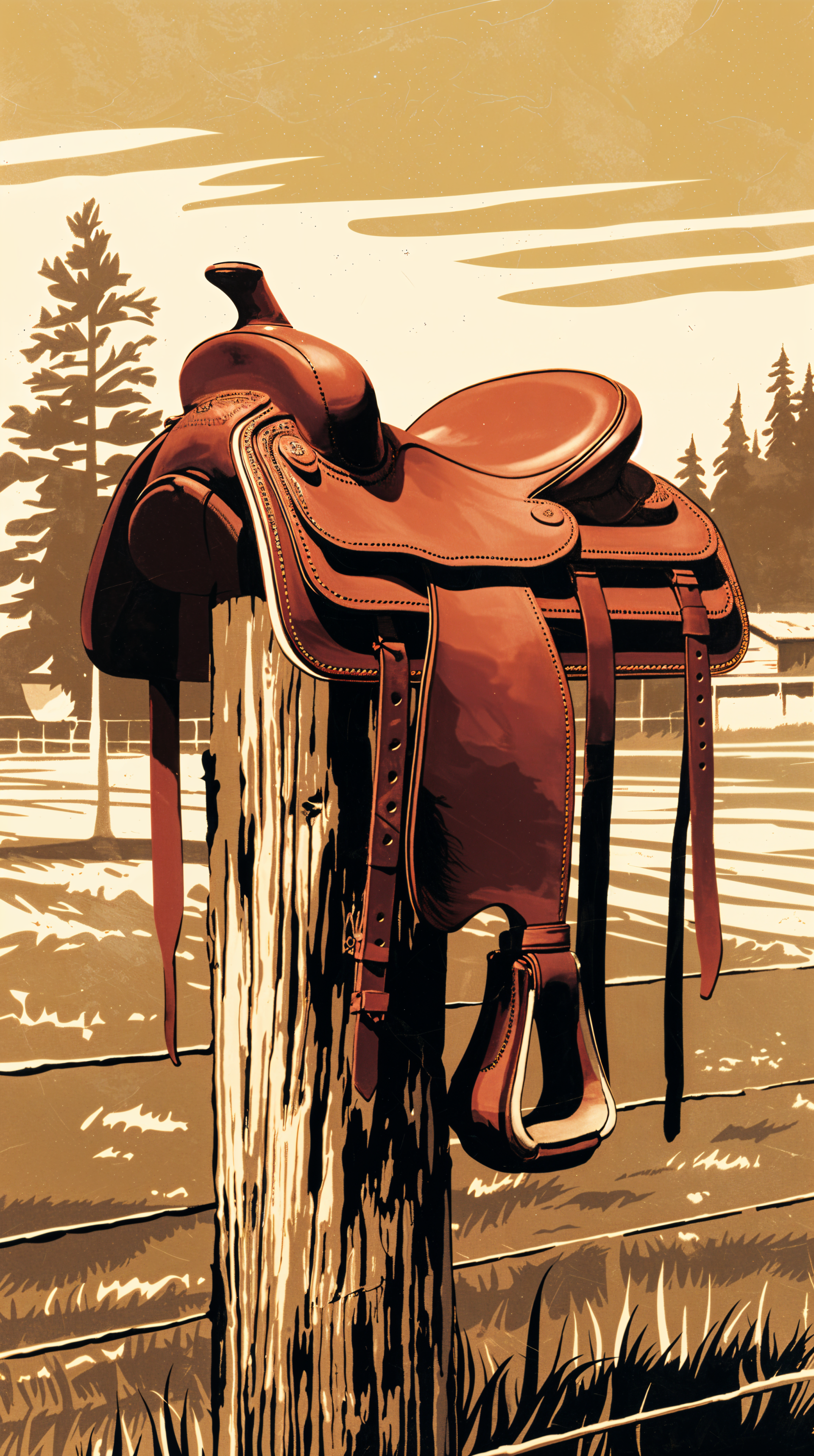 A rustic brown saddle rests on a wooden post, surrounded by a serene landscape of trees and fields, creating a warm and inviting phone wallpaper.