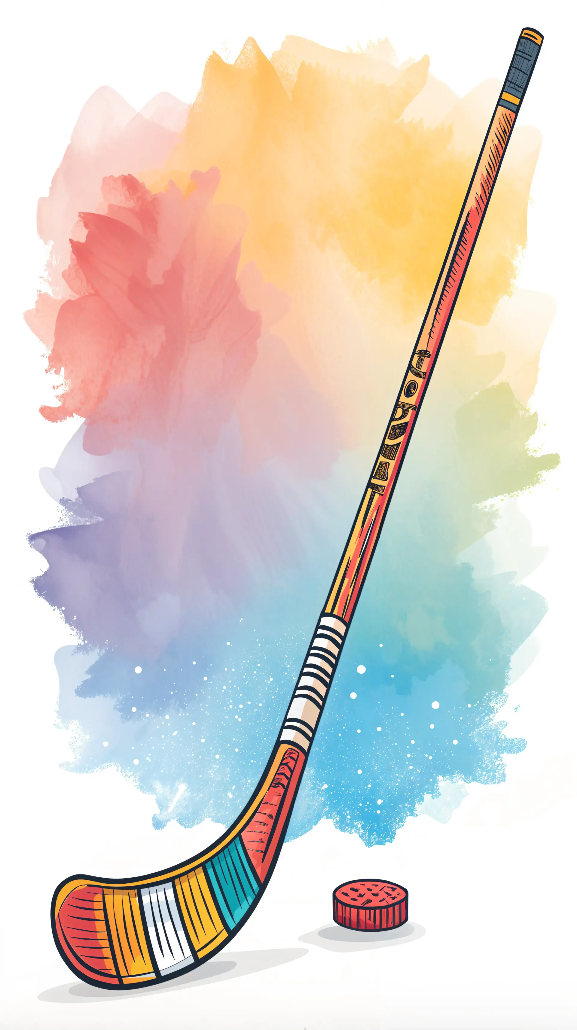 A vibrant illustration of a hockey stick and puck against a colorful splash background, designed as an engaging phone wallpaper for hockey enthusiasts.