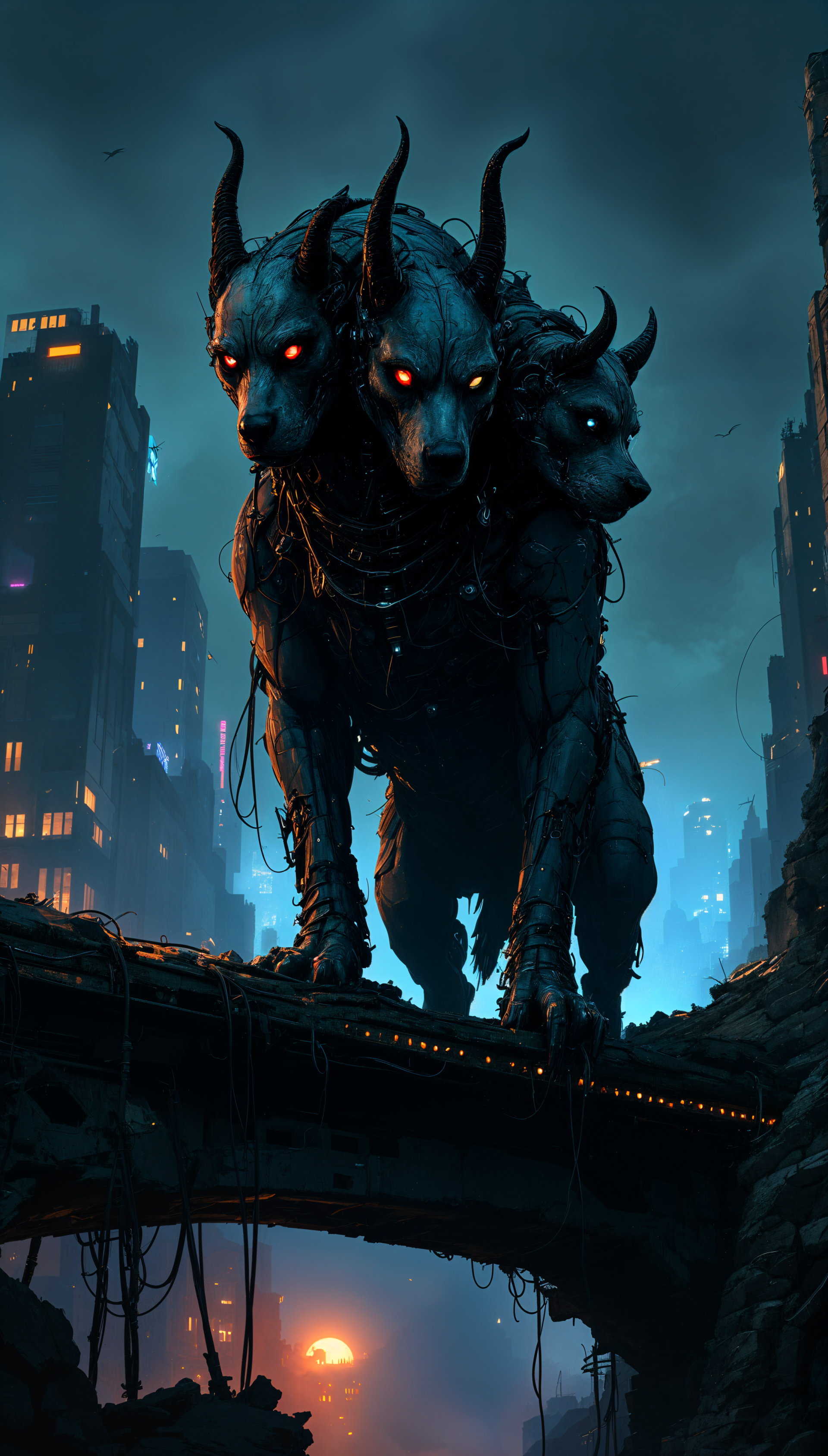 A striking phone wallpaper featuring Cerberus, the three-headed dog, looming in a dark, futuristic cityscape with glowing eyes and a mysterious aura.