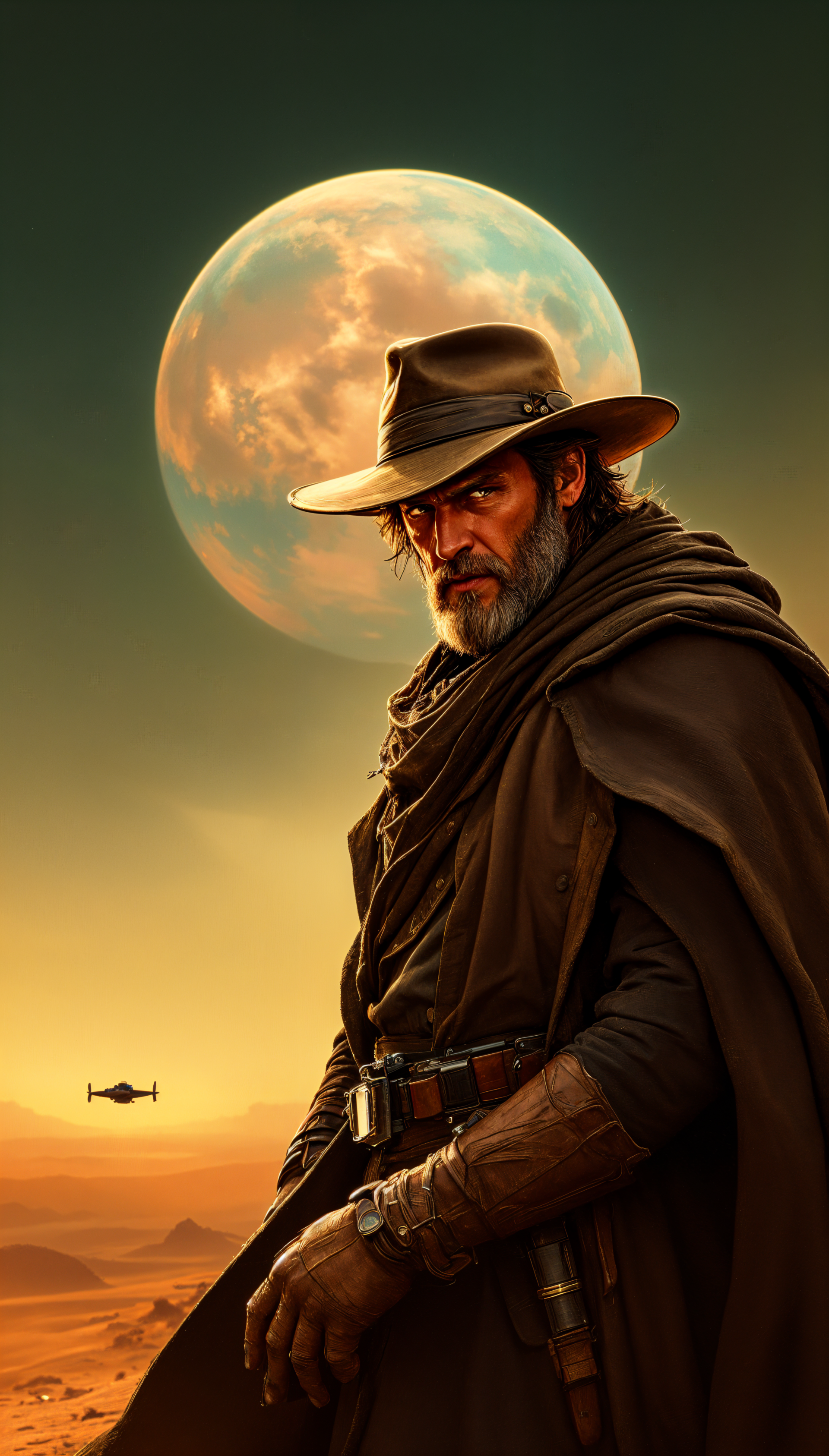 A rugged bounty hunter stands against a desert landscape, clad in a cloak and hat, with a massive moon glowing behind him, set against a rich, warm color palette.