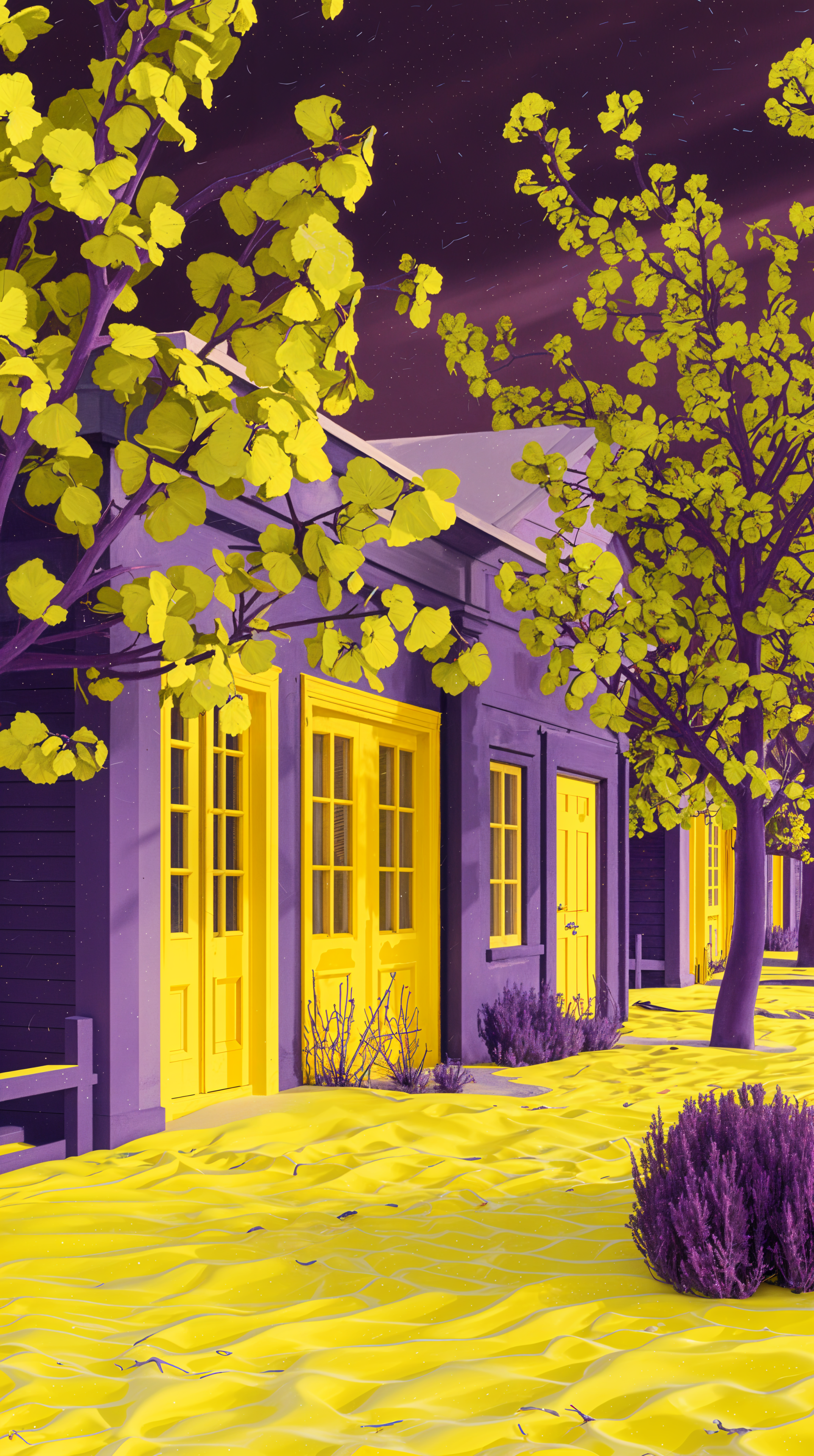 A vibrant phone wallpaper featuring yellow doors and trees against a purple backdrop, creating a striking and colorful landscape that adds a unique aesthetic to your device.