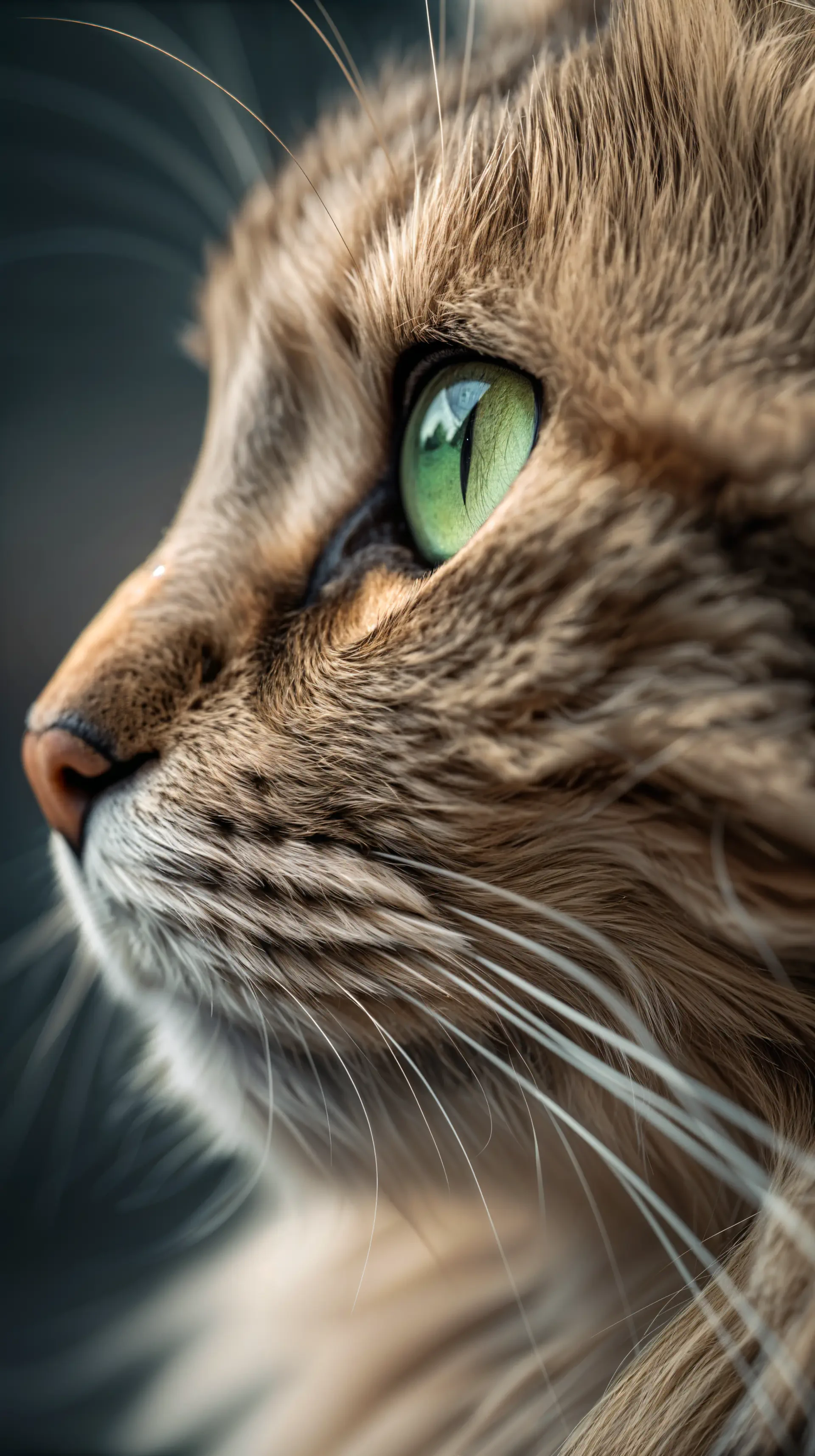 A close-up of a cat's profile, showcasing its soft fur and striking green eyes, serves as an engaging phone wallpaper.