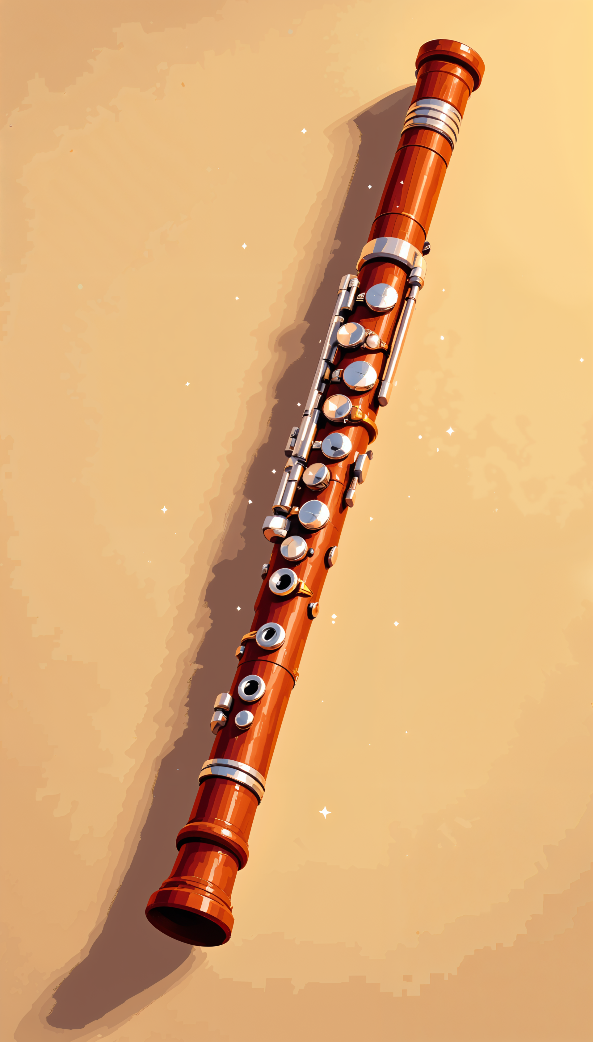 A beautifully detailed illustration of a wooden flute against a warm background, designed as a phone wallpaper, featuring soft sparkles for an elegant touch.