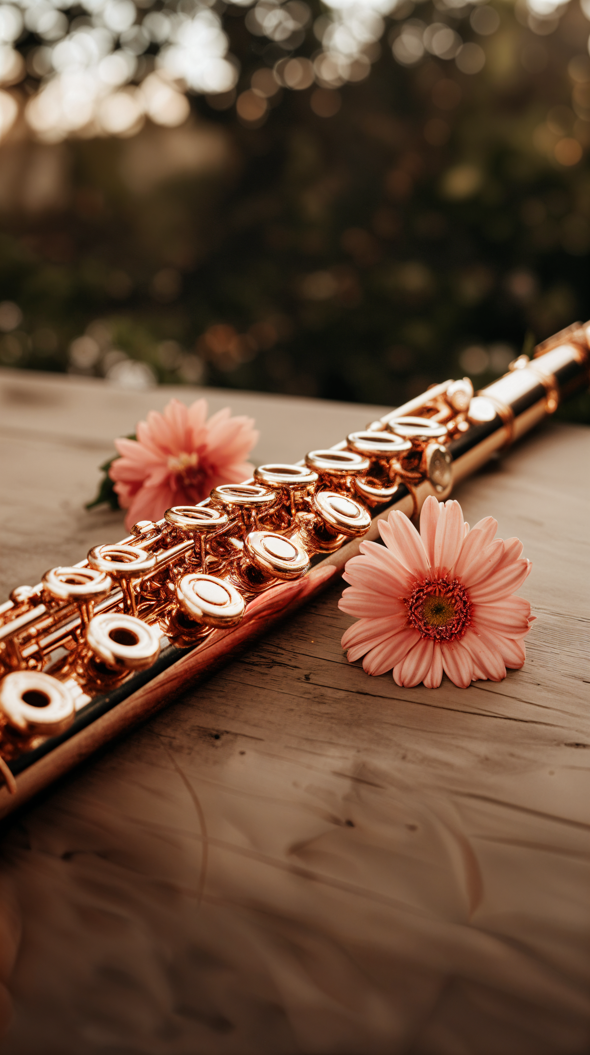 A beautifully arranged flute rests on a wooden surface, accompanied by delicate pink flowers, creating an elegant phone wallpaper that captures the essence of music and nature.