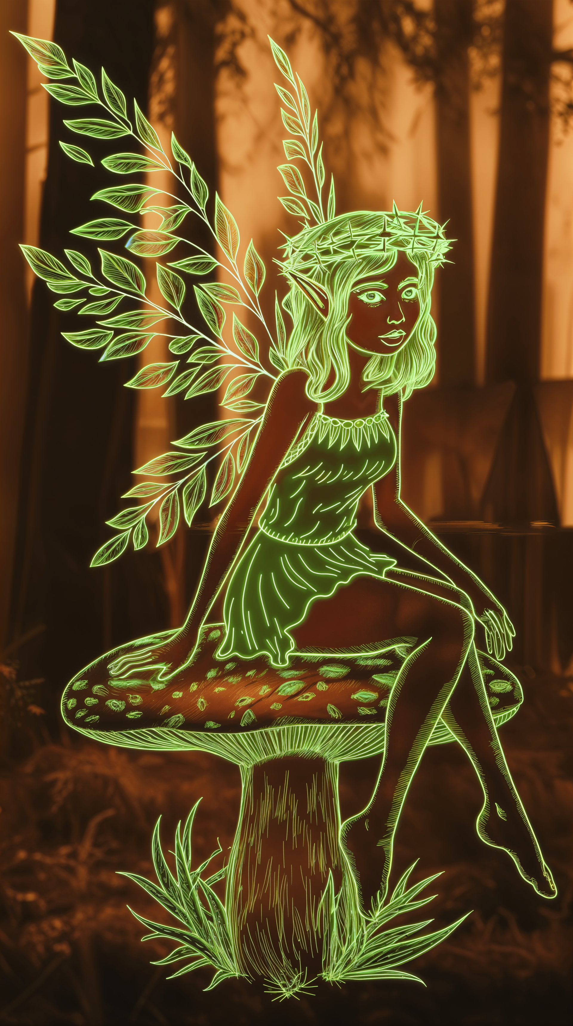 A glowing green fairy with leafy wings sits on a mushroom against a warm, forest backdrop, creating a whimsical phone wallpaper.